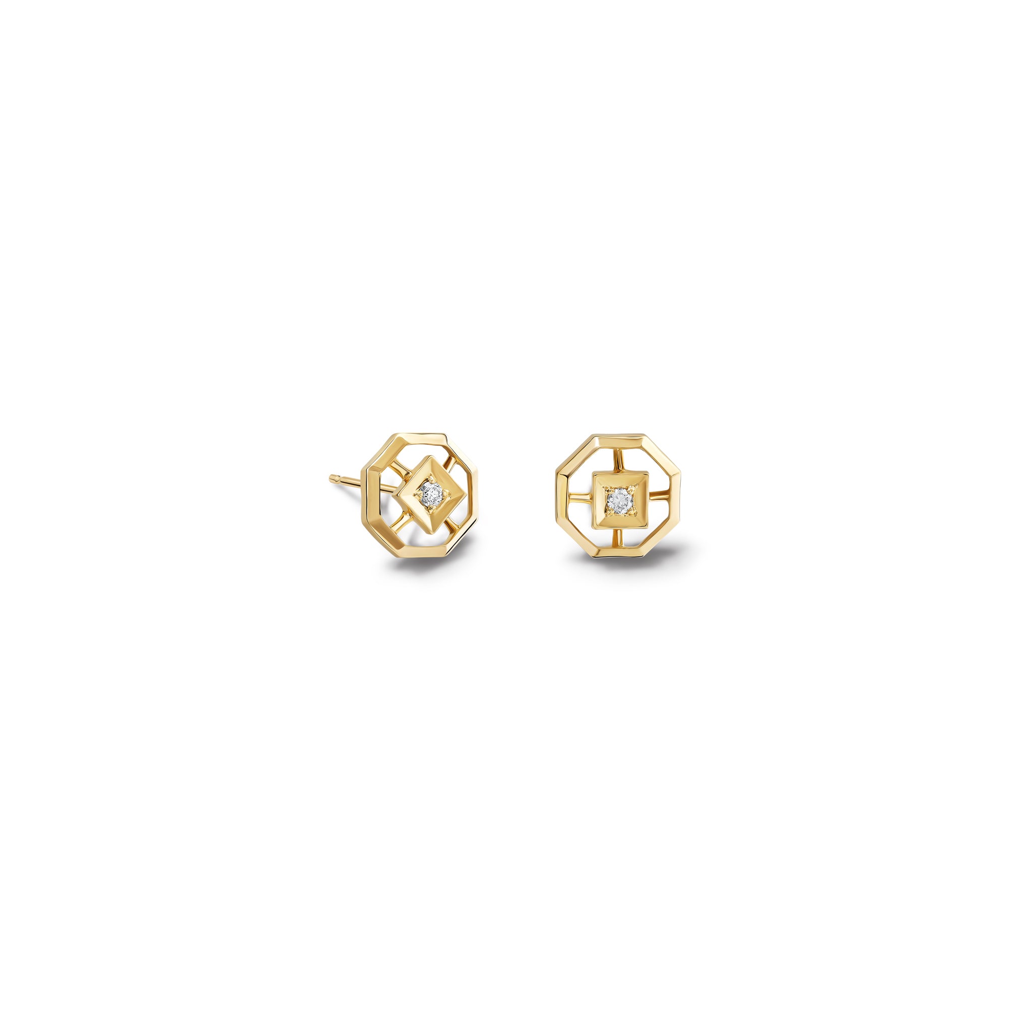 Handcrafted yellow gold stud earrings featuring an octagonal design with a central diamond, birthstone of April.