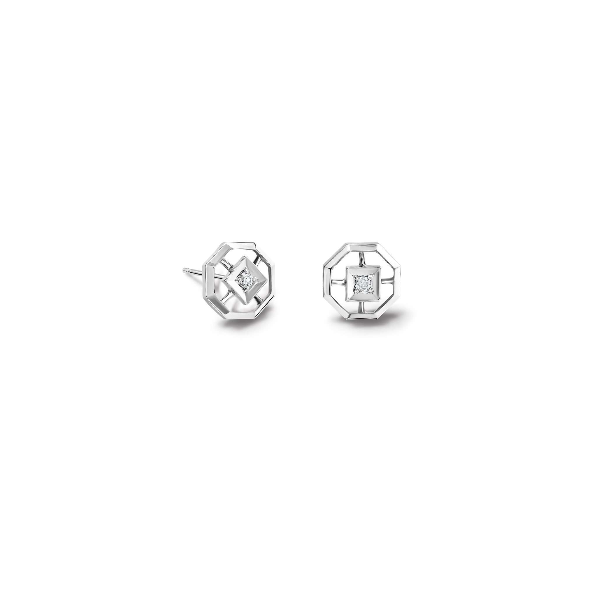 Handcrafted white gold stud earrings featuring an octagonal design with a central diamond, birthstone of April.