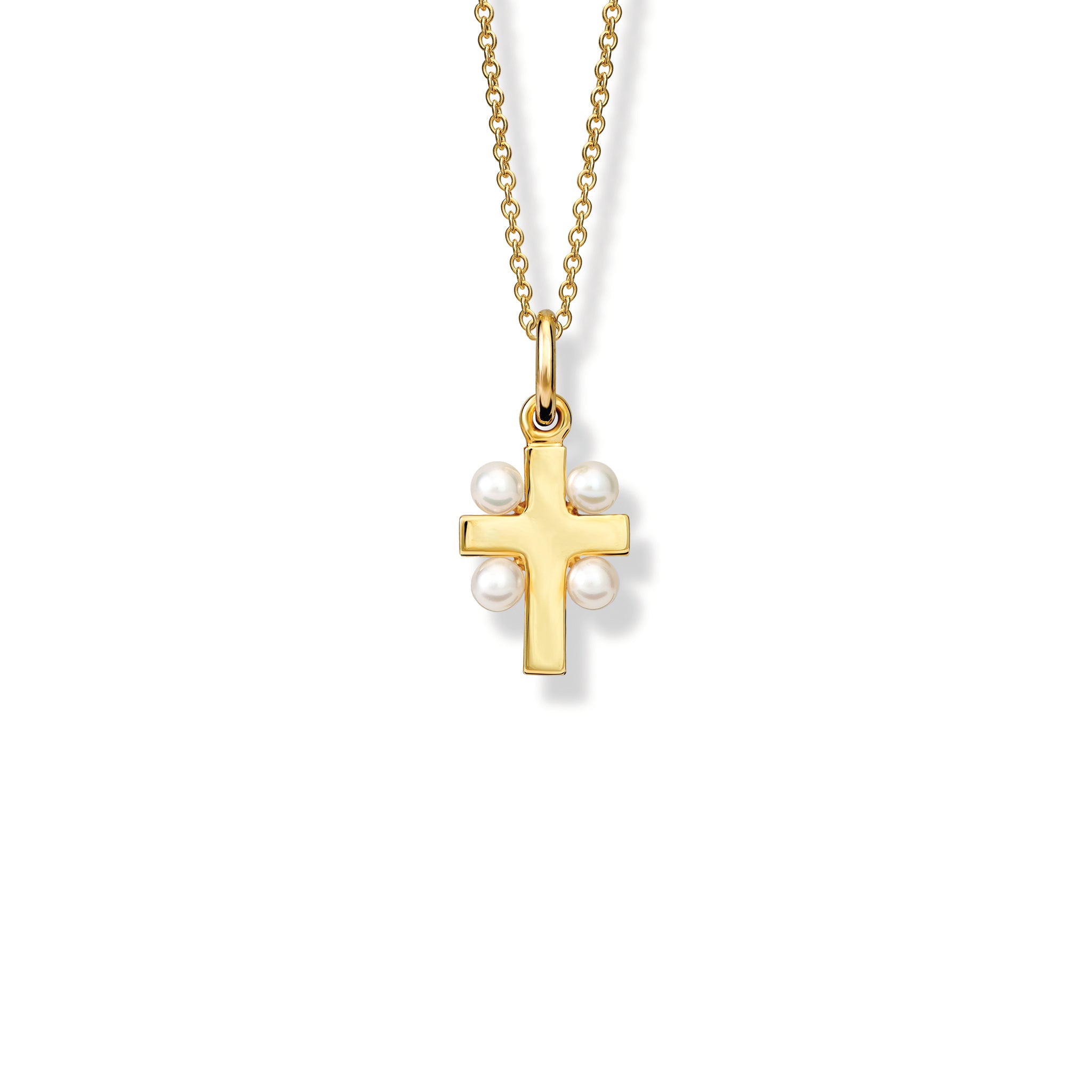 Handcrafted yellow gold cross pendant adorned with a pearl at each end, hanging from a gold chain.
