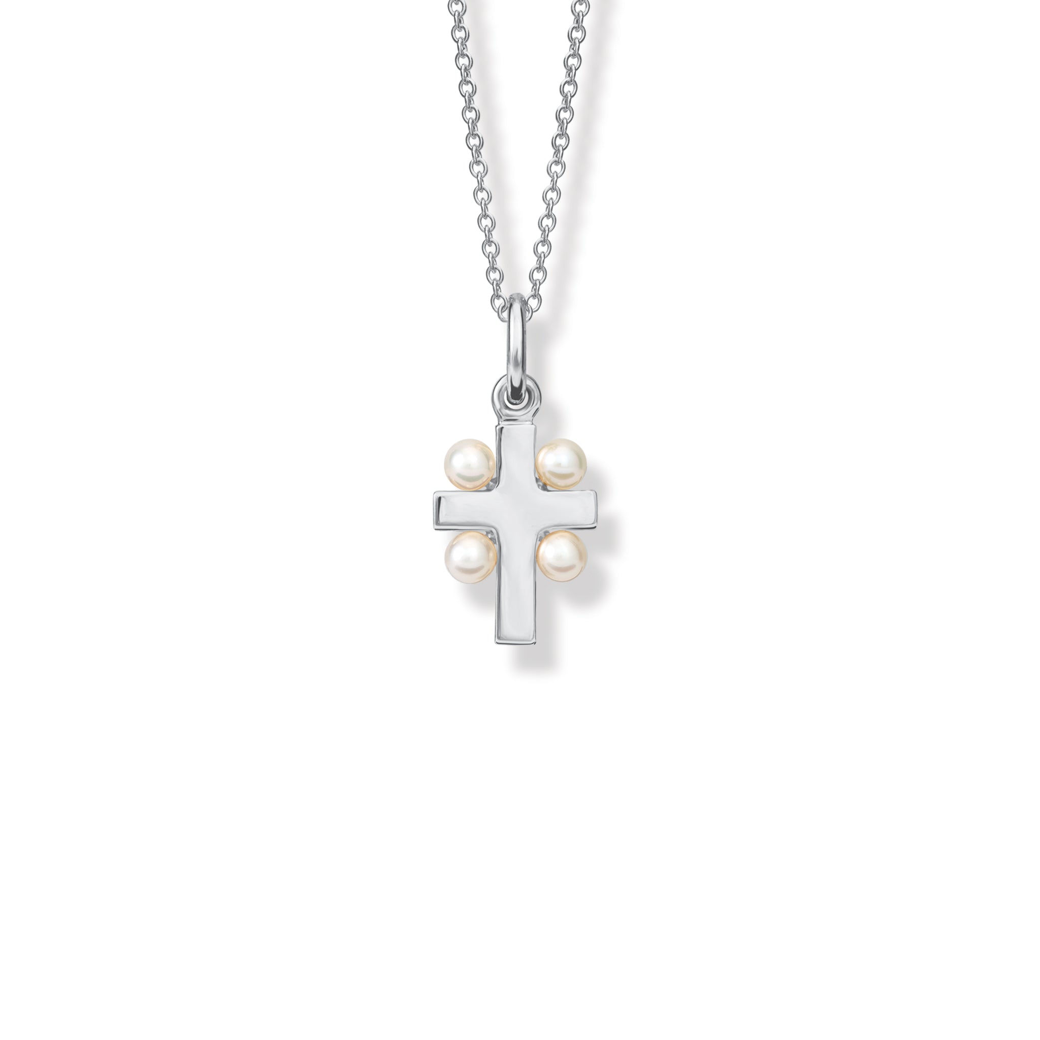 Handcrafted sterling silver cross pendant adorned with a pearl at each end, hanging from a silver chain.