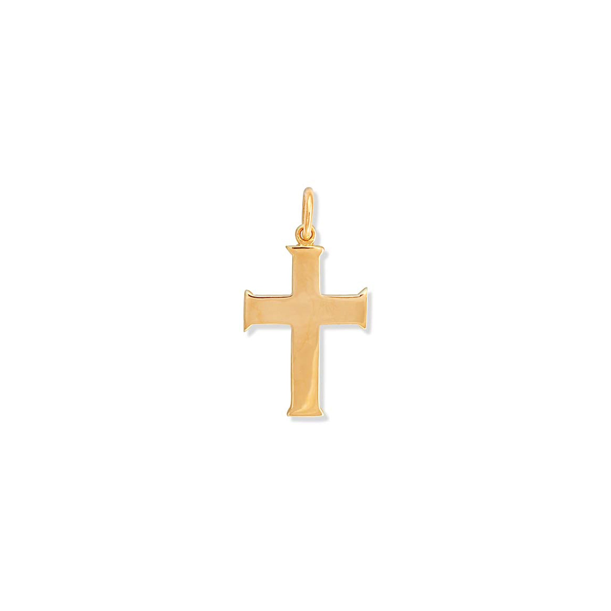 Handcrafted yellow gold cross necklace pendant featuring a loop for chain attachment.