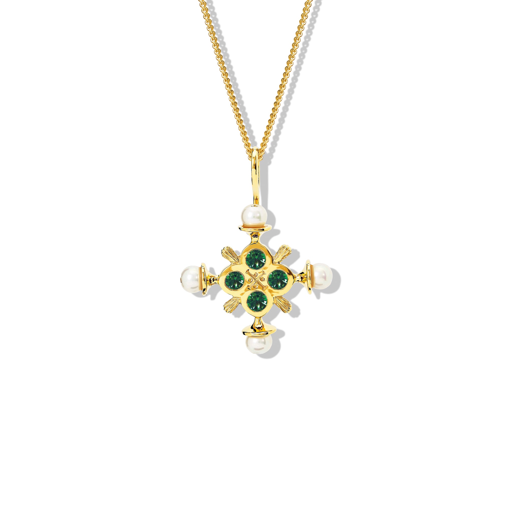 Handcrafted yellow gold cross pendant with chrome diopside and pearls.