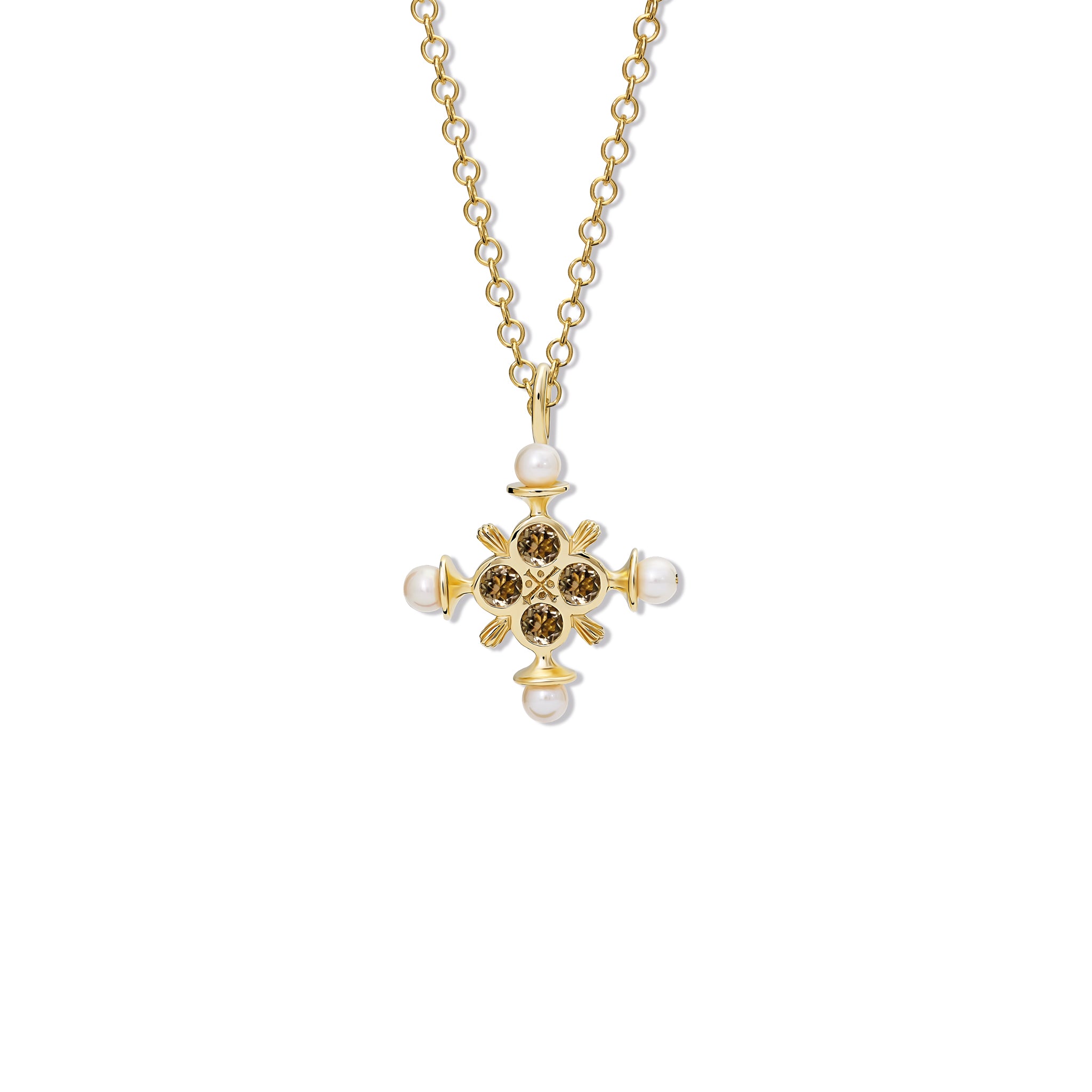 Handcrafted yellow gold cross pendant with smoky quartz and pearls.