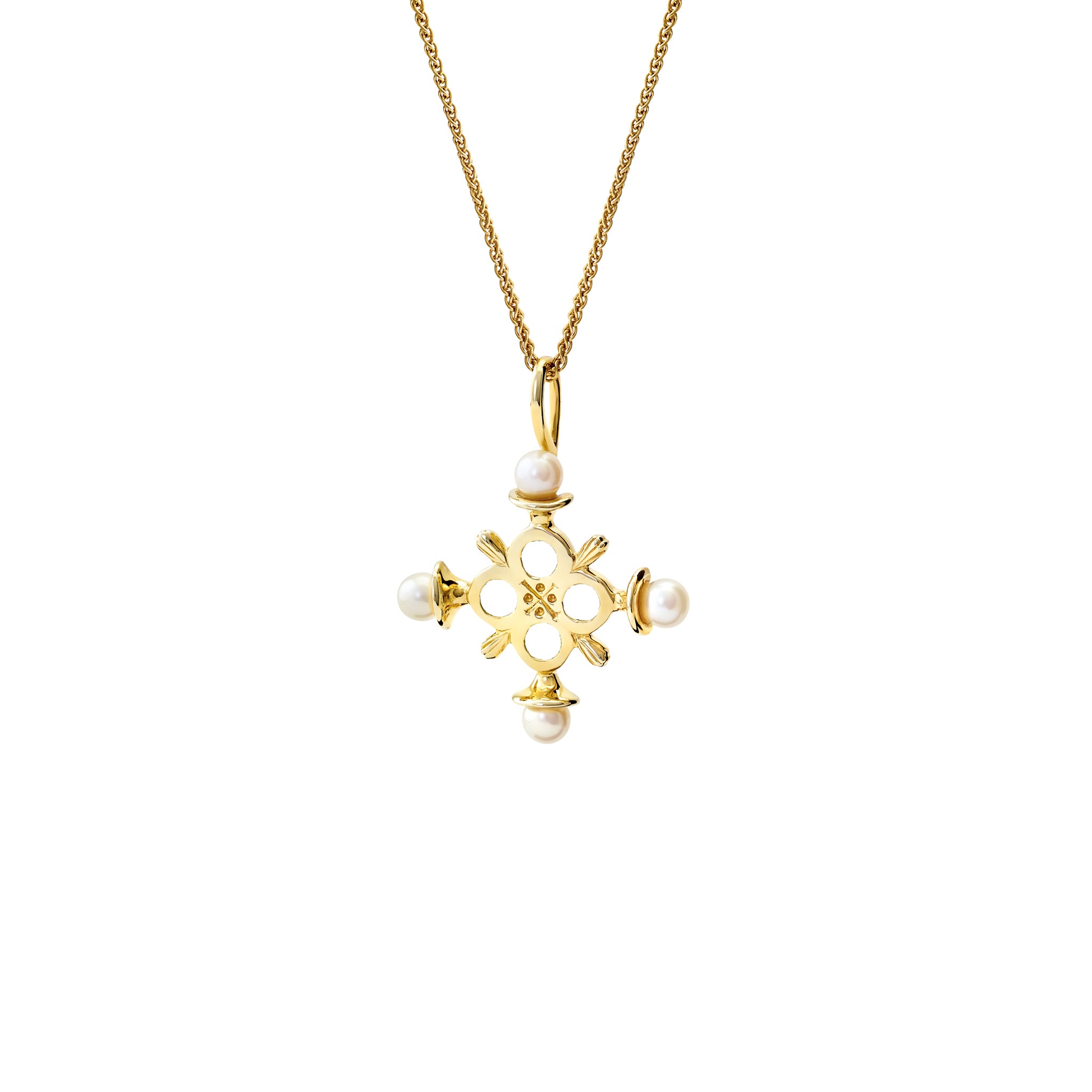 Handcrafted yellow gold cross pendant with pearl, birthstone of June.