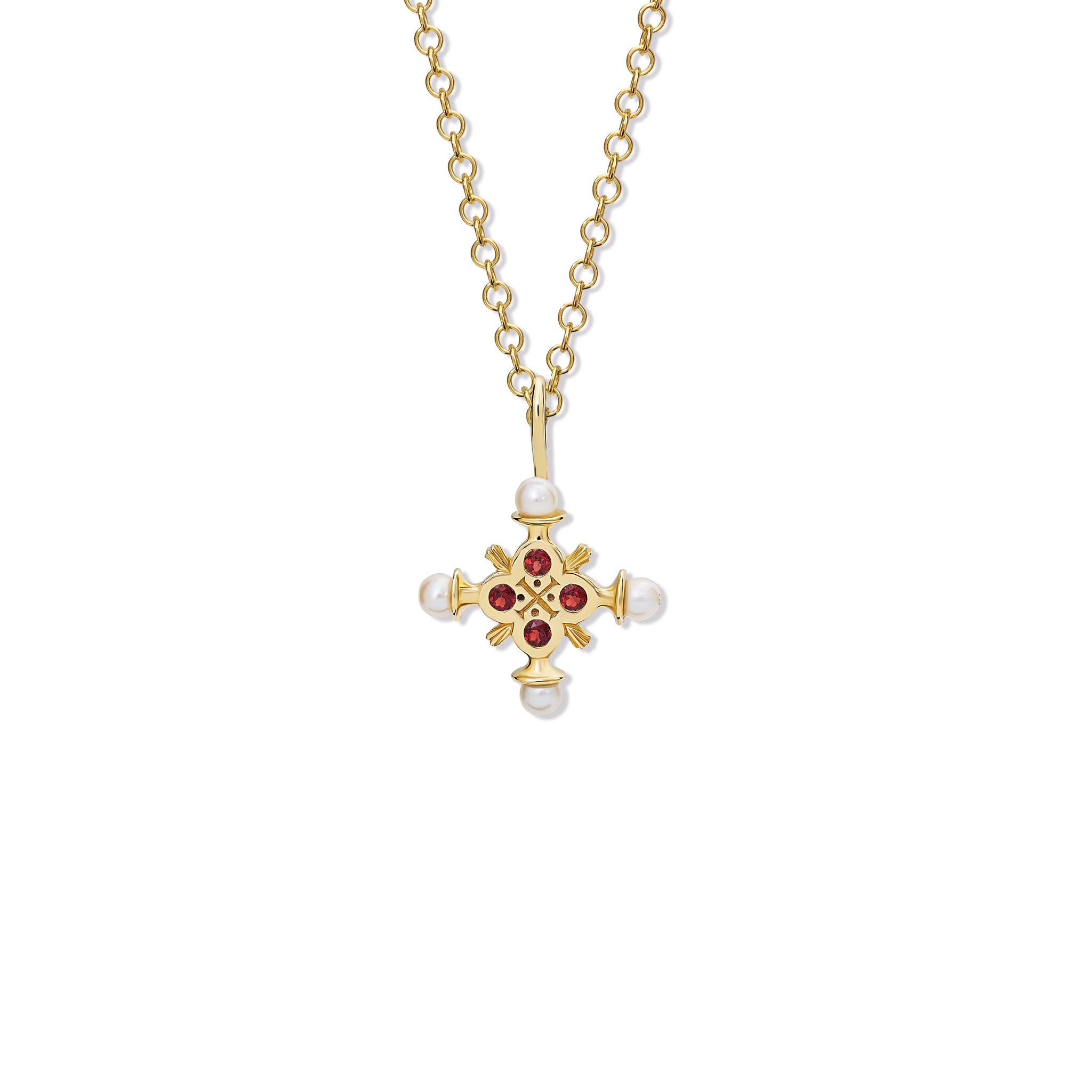 Handcrafted yellow gold cross pendant with garnet and pearls, birthstone of January.