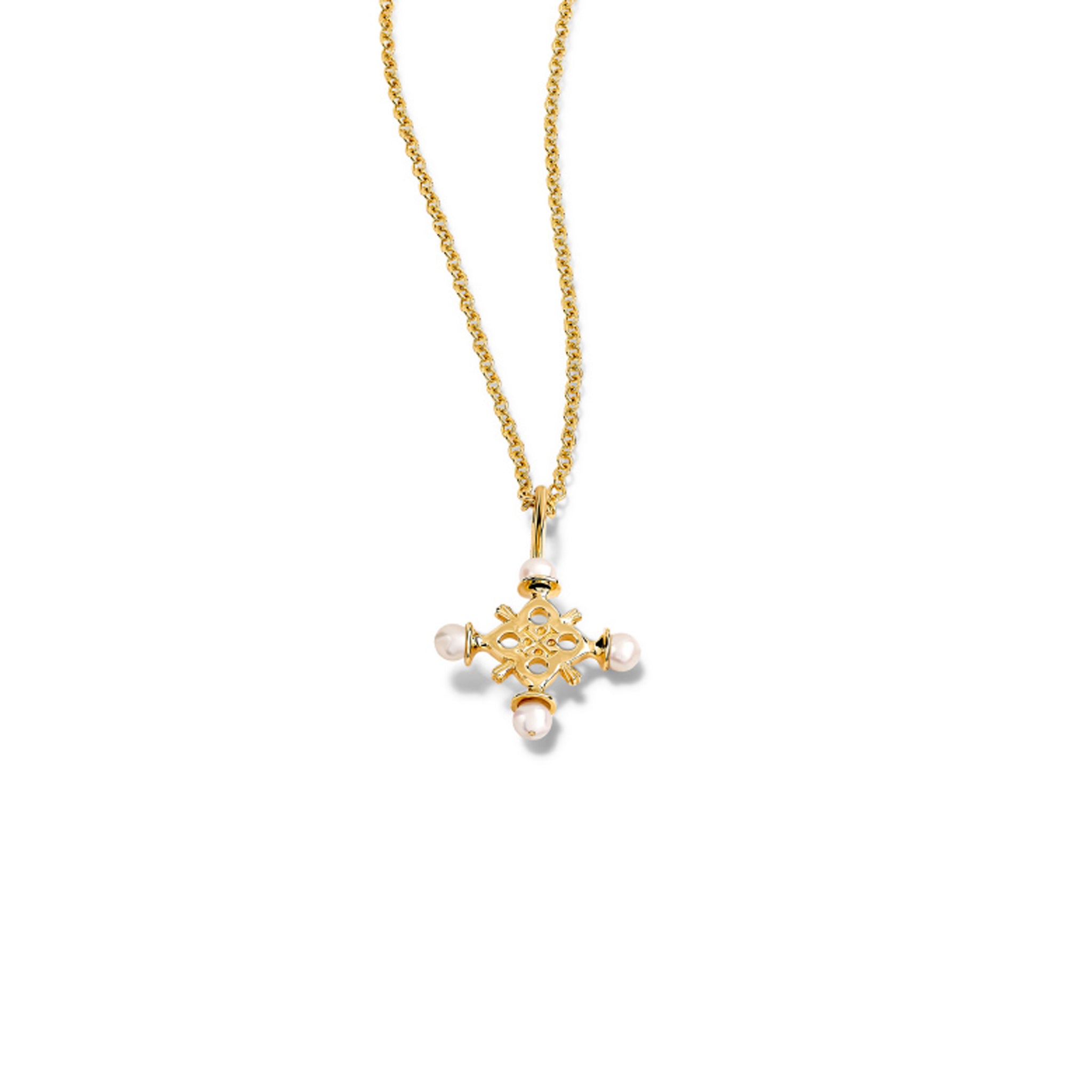 Handcrafted yellow gold cross pendant with pearl, birthstone of June.