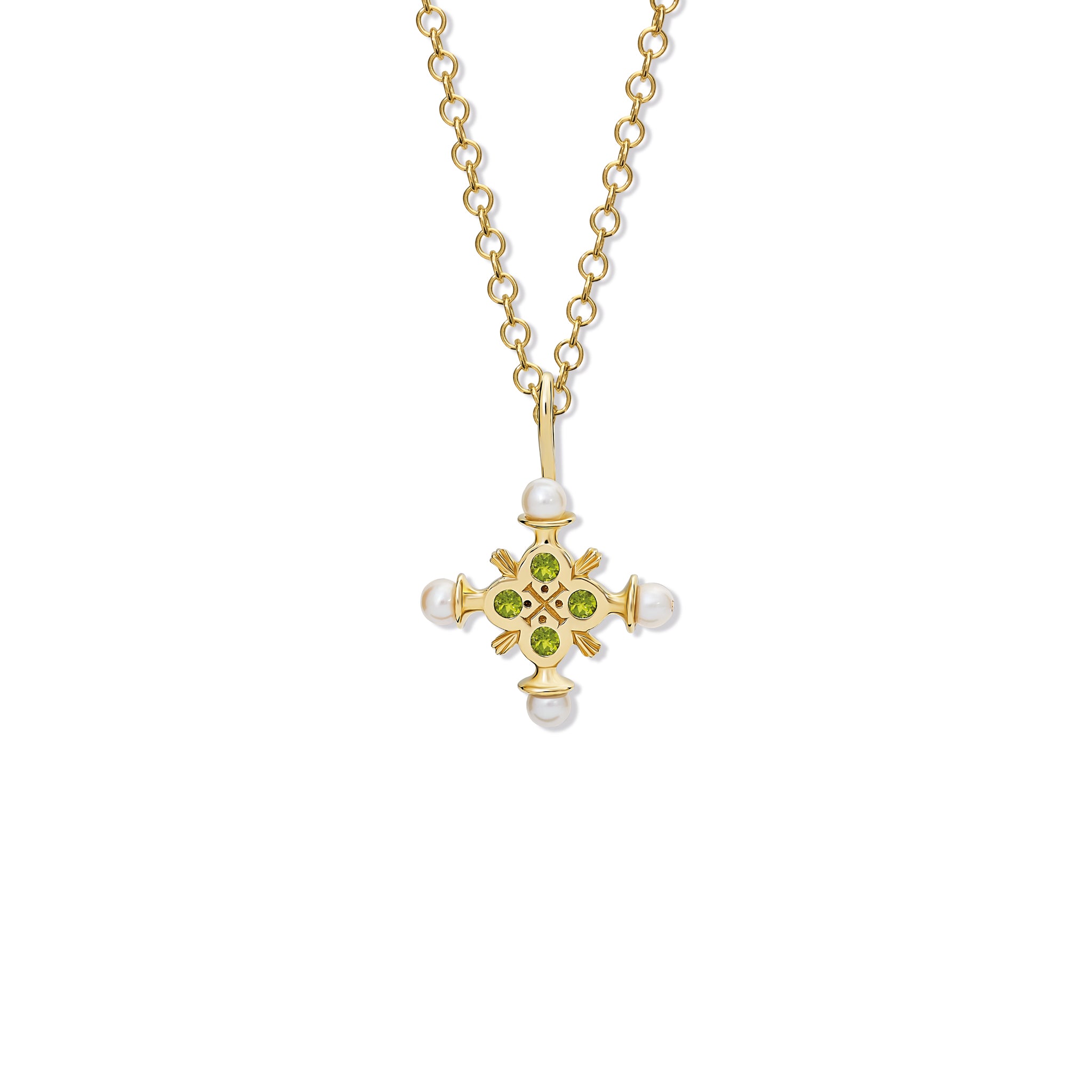 Handcrafted yellow gold cross pendant with peridot and pearls, birthstone of August.