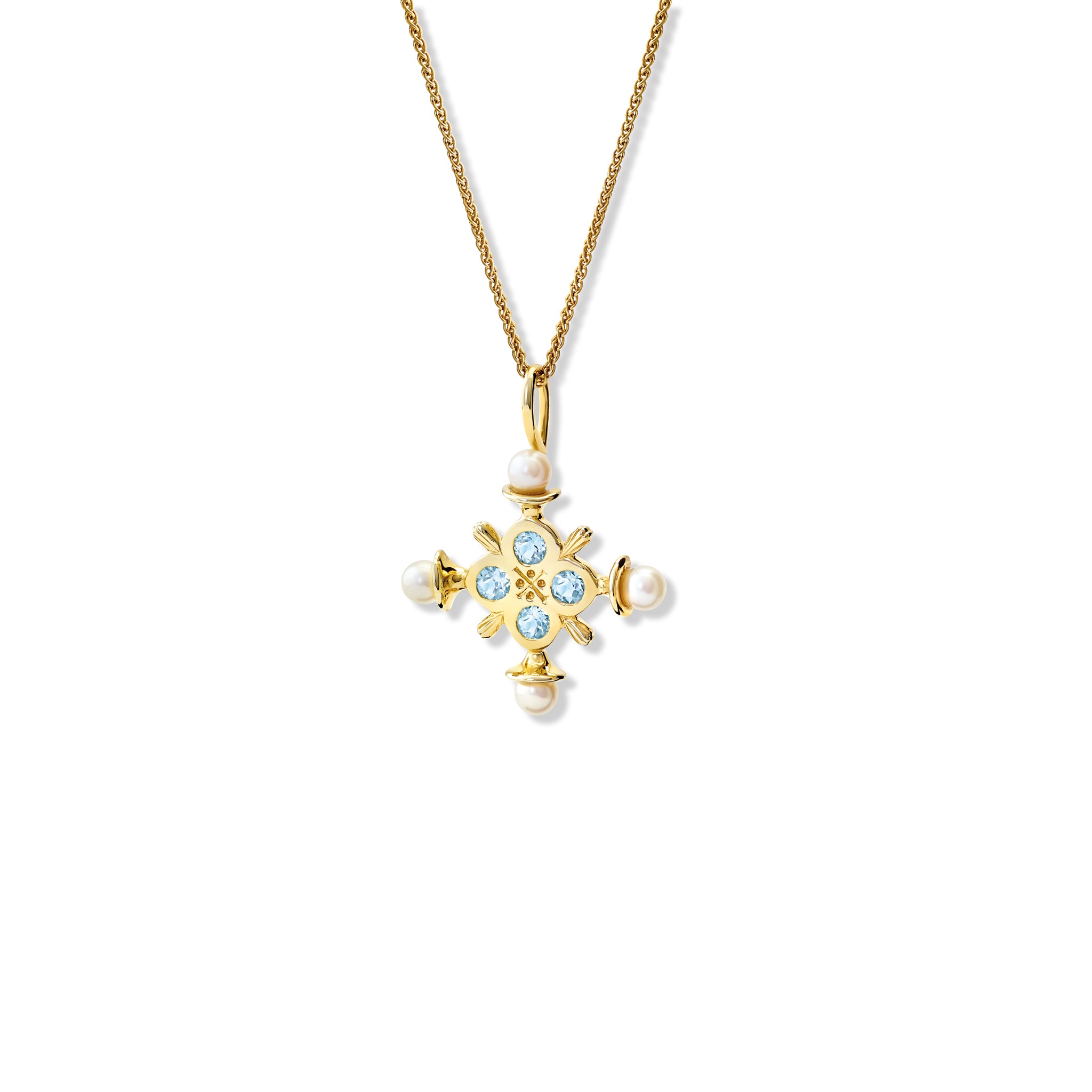 Handcrafted sterling silver cross pendant with blue topaz and pearls, birthstone of November.