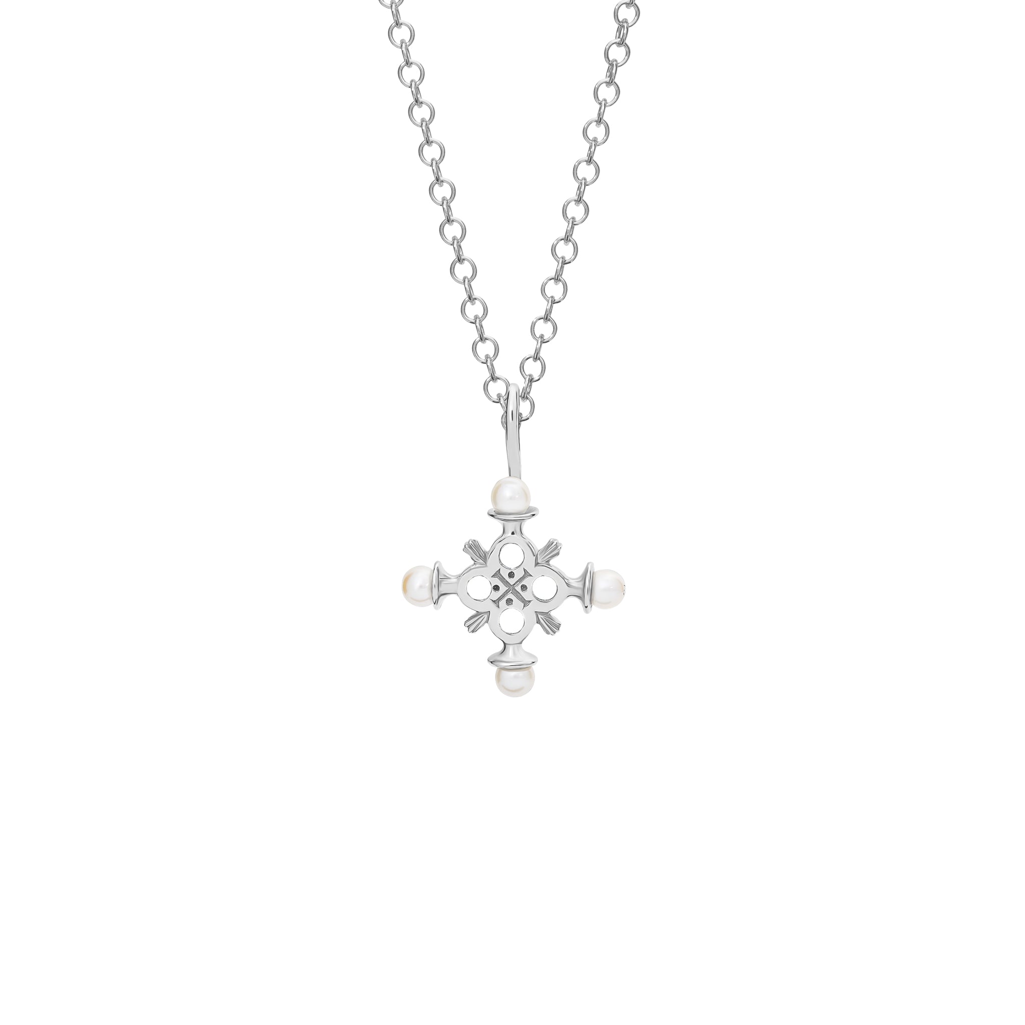 Handcrafted sterling silver cross pendant with pearl, birthstone of June.