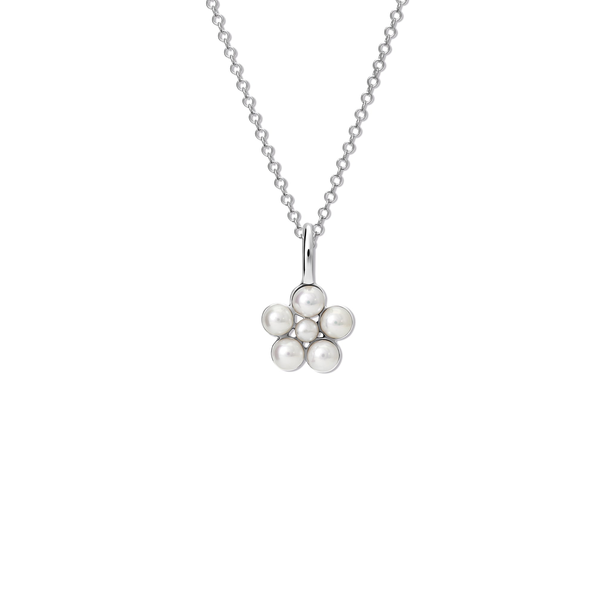 Handcrafted sterling silver flower shaped necklace pendant with pearls, birthstone of June.