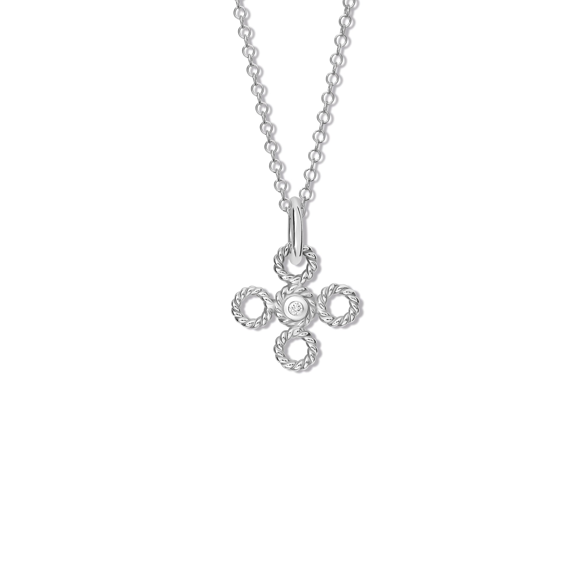 Handcrafted white gold necklace pendant featuring a textured rope-like shape with a diamond.
