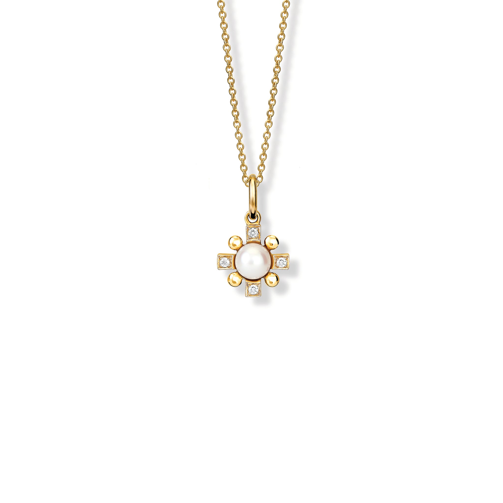 Handcrafted yellow gold Quadro cross pendant with pearl and diamond, birthstone of June.