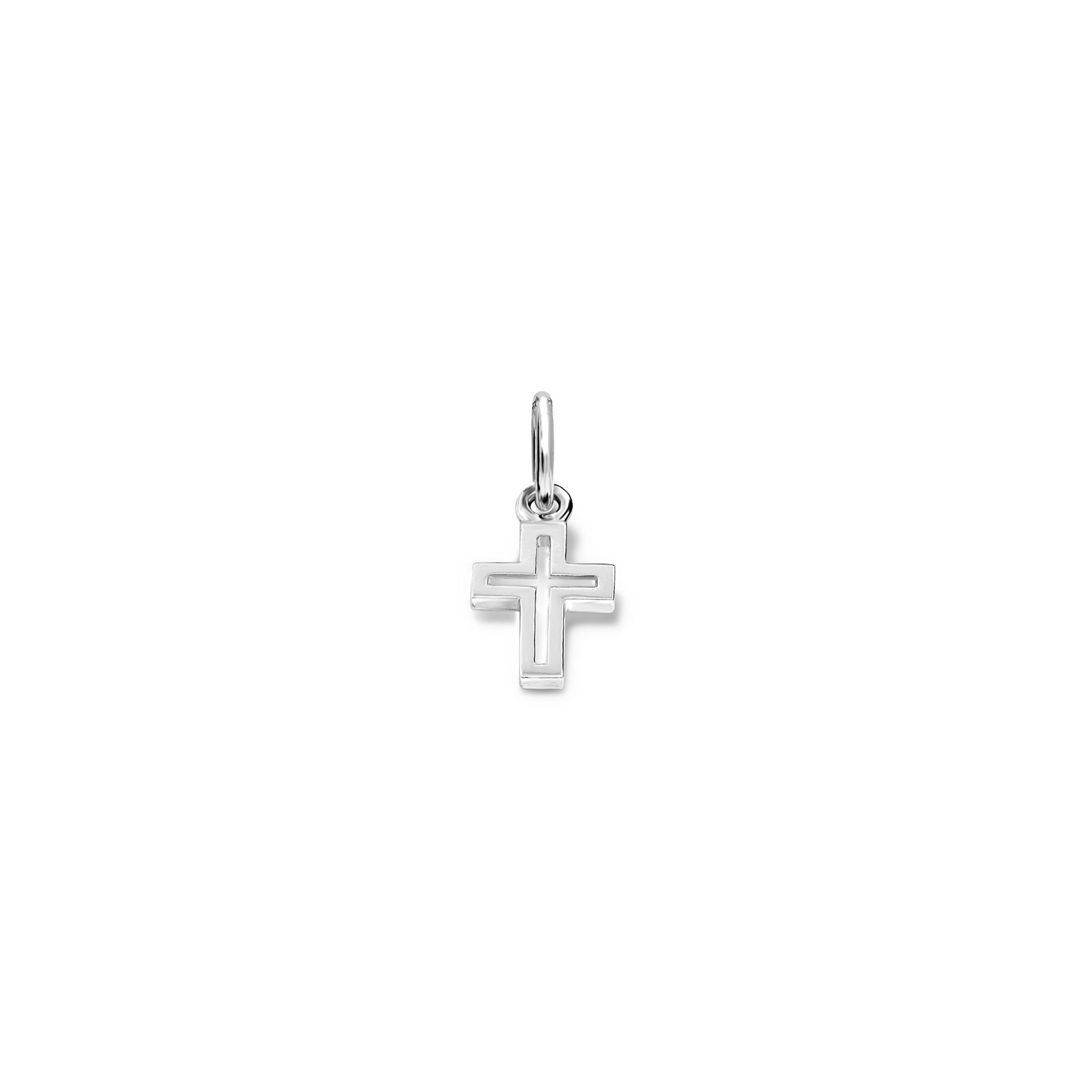 Handcrafted sterling silver pendant featuring a minimalist cross outline with a small cross-shaped cutout at the centre, with a loop at the top for chain attachment.