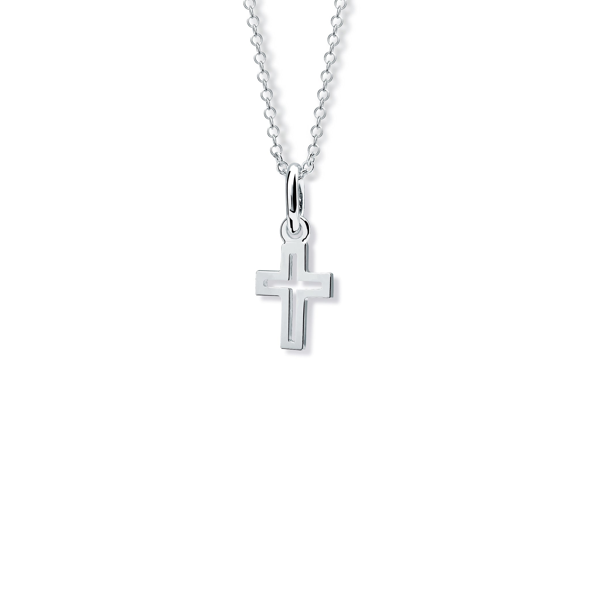 Handcrafted sterling silver pendant featuring a minimalist cross outline with a small cross-shaped cutout at the centre, hanging from a silver chain.