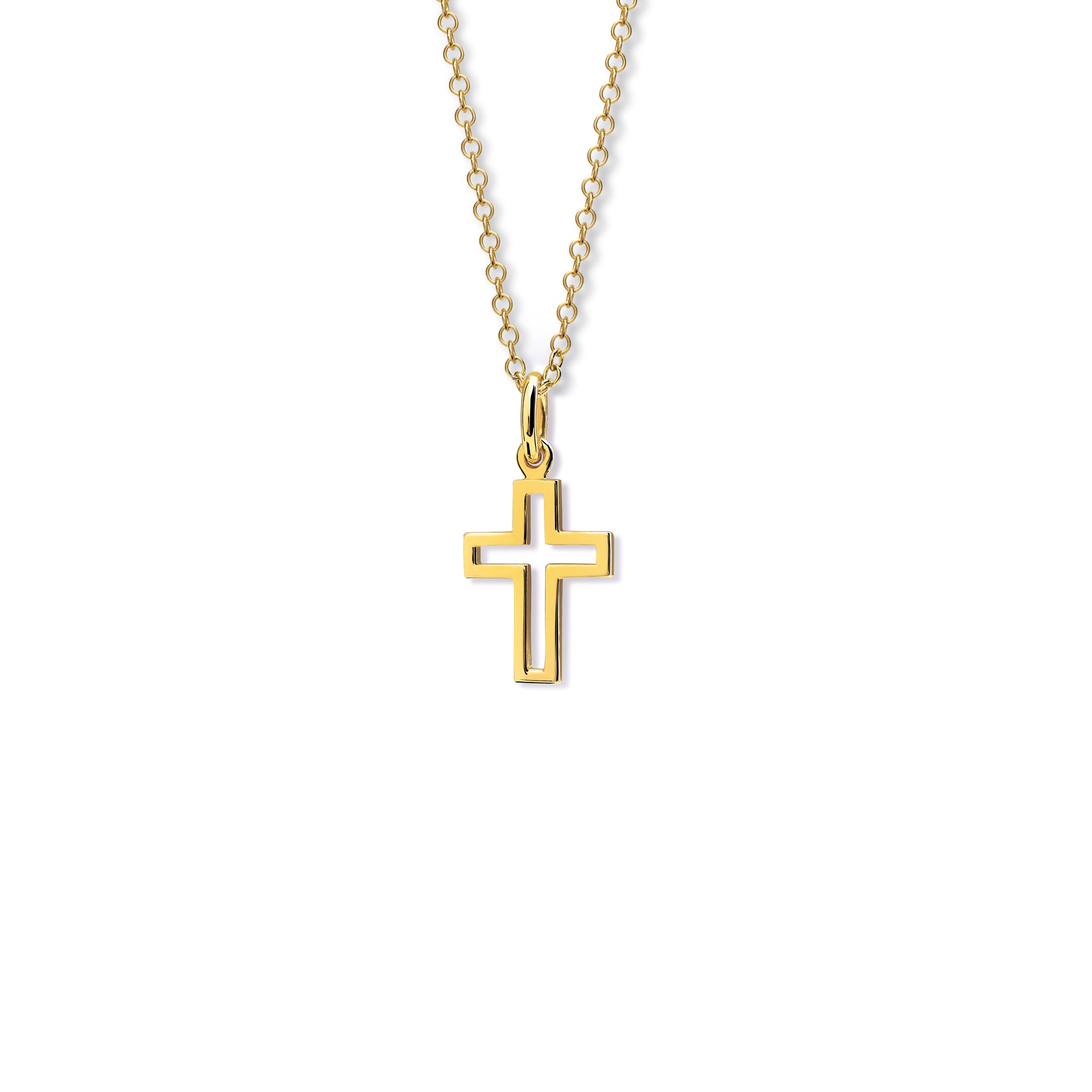 Handcrafted yellow gold pendant featuring a minimalist cross outline with a small cross-shaped cutout at the centre, hanging from a gold chain.