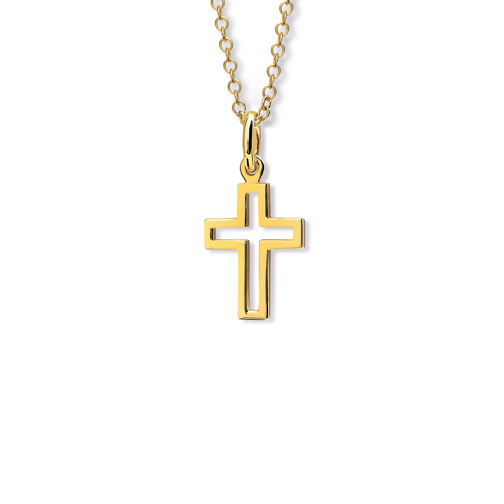 Handcrafted yellow gold pendant featuring a minimalist cross outline with a small cross-shaped cutout at the centre, hanging from a gold chain.