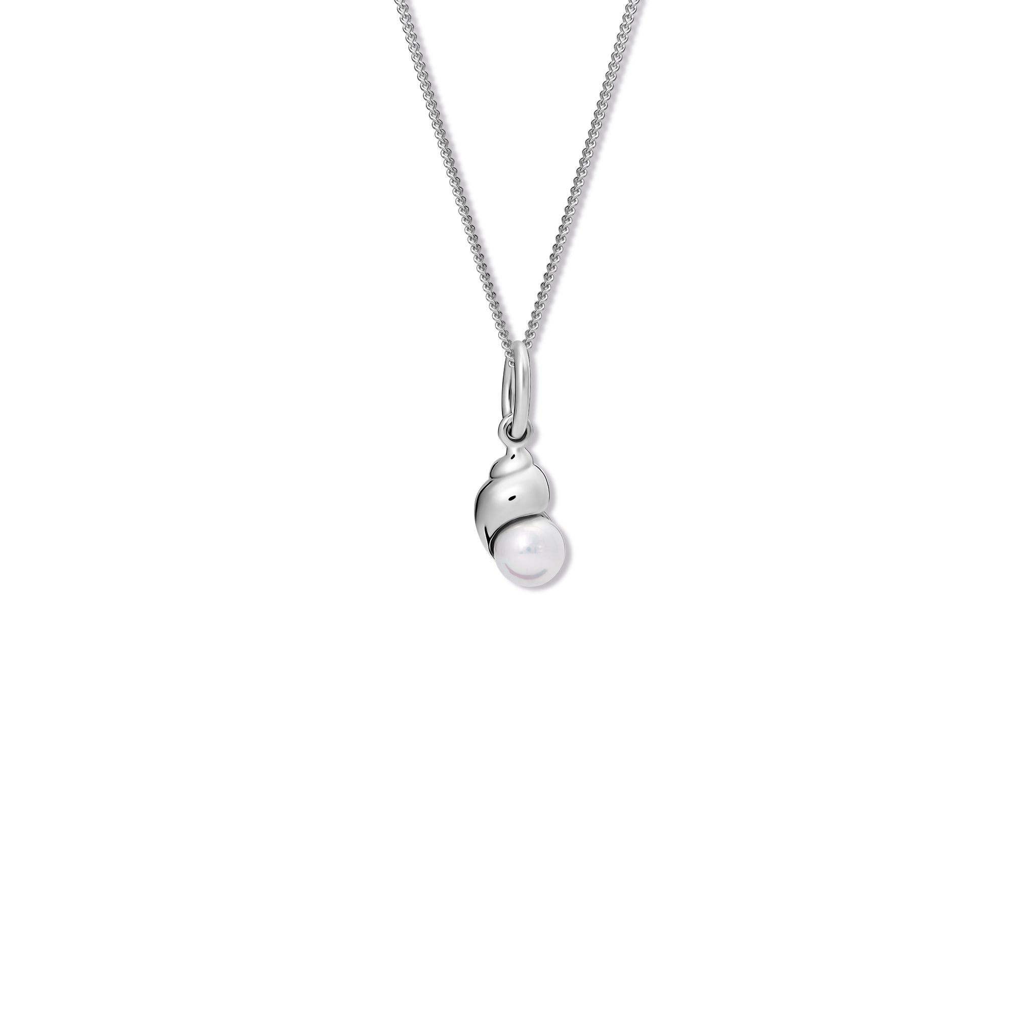 Handcrafted sterling silver shell shaped necklace pendant with a pearl.
