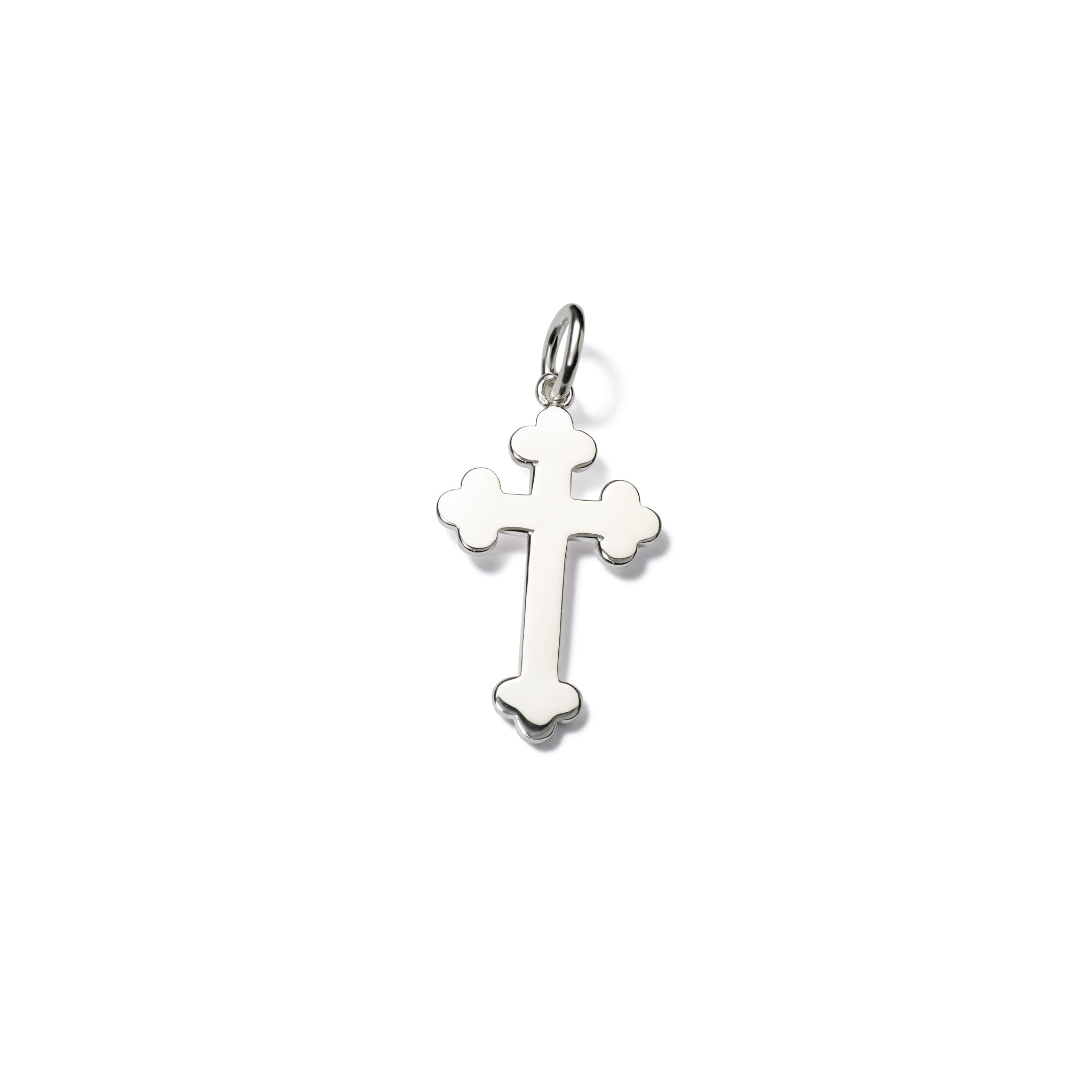 Handcrafted sterling silver cross necklace pendant featuring three-leaf clover ends, with a loop at the top for chain attachment.