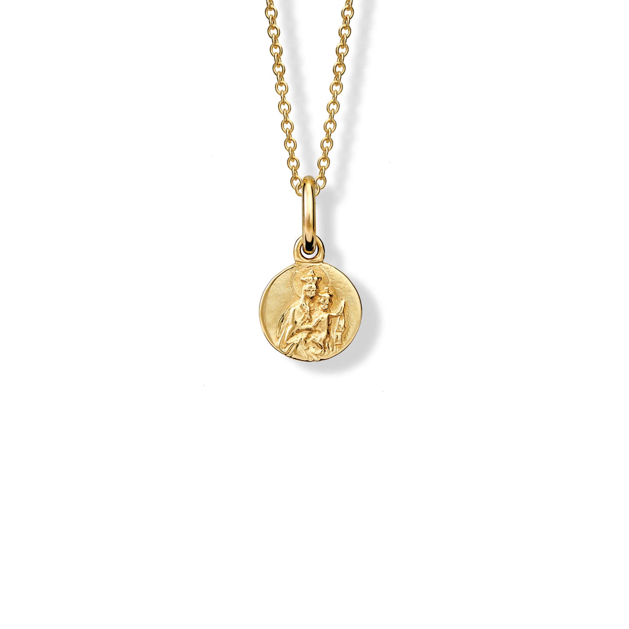 Handcrafted round yellow gold necklace pendant featuring an engraving of Saint Maria, hanging from a gold chain.