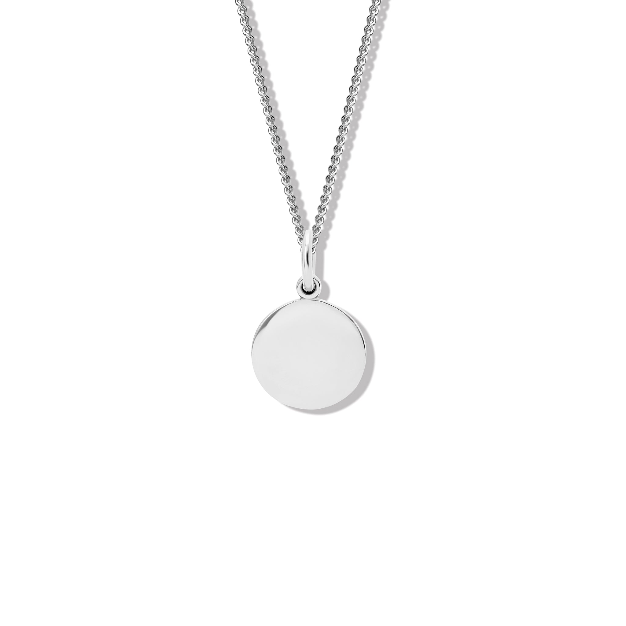 Handcrafted sterling silver round, plain necklace pendant. 
