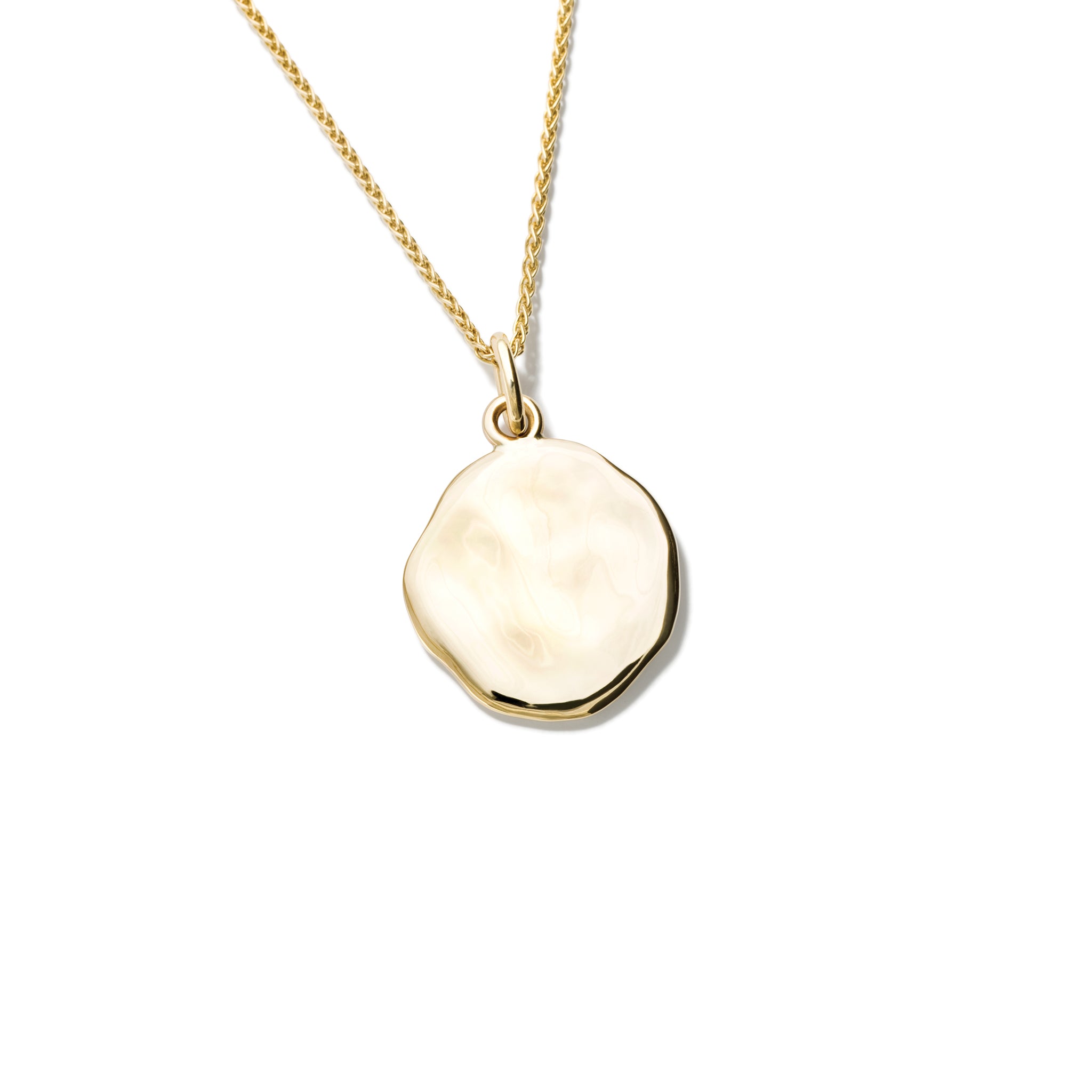 Handcrafted yellow gold plain necklace pendant featuring a pebble texture.