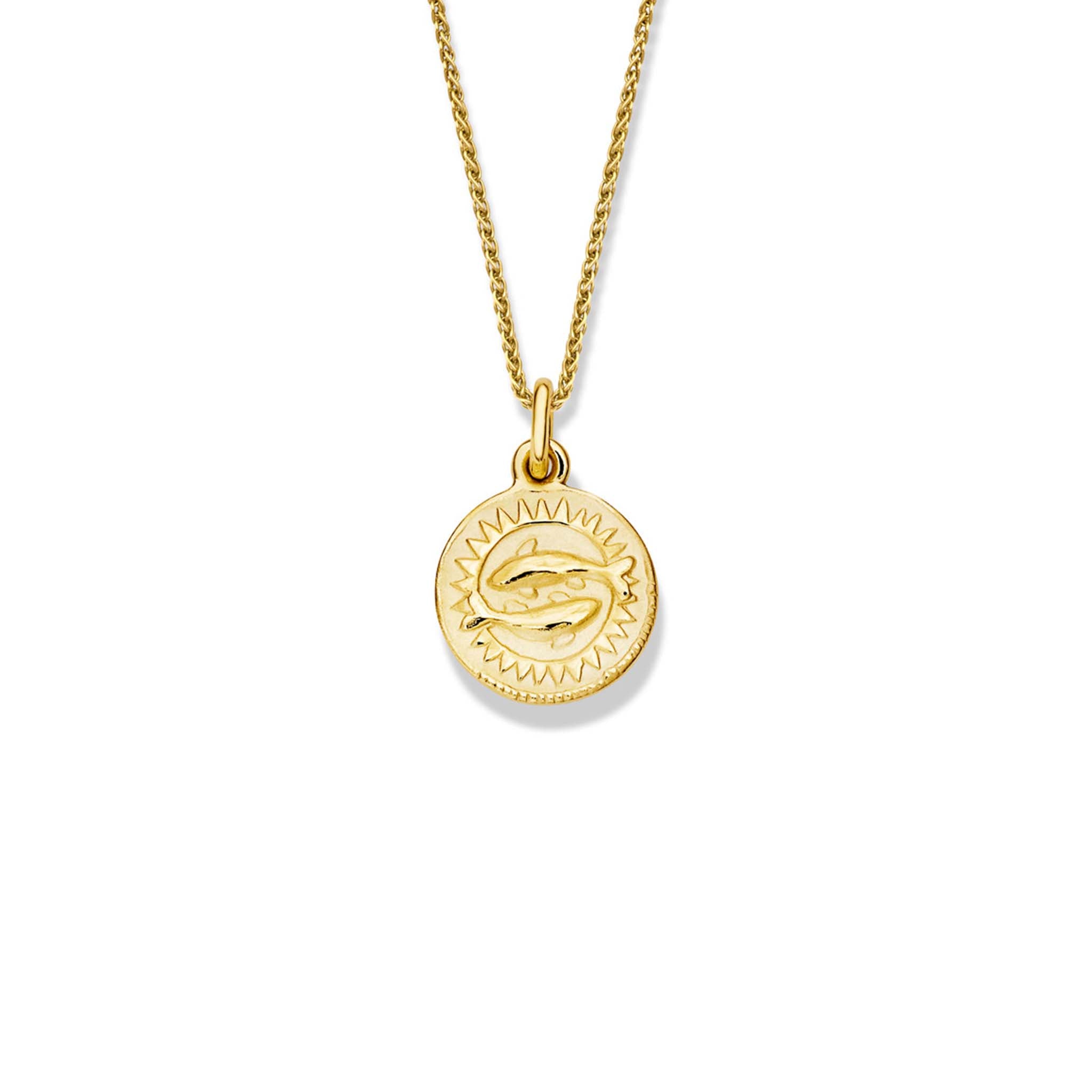 Handcrafted round yellow gold necklace pendant engraved with the zodiac pisces.