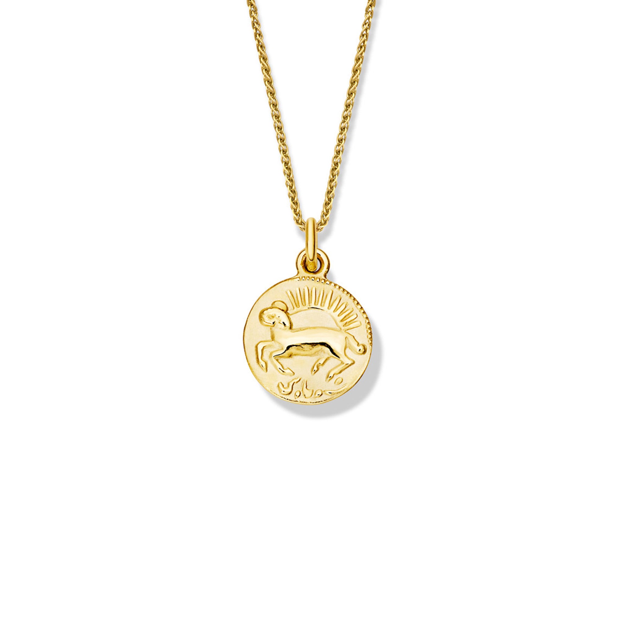 Handcrafted round yellow gold necklace pendant engraved with the zodiac aries.