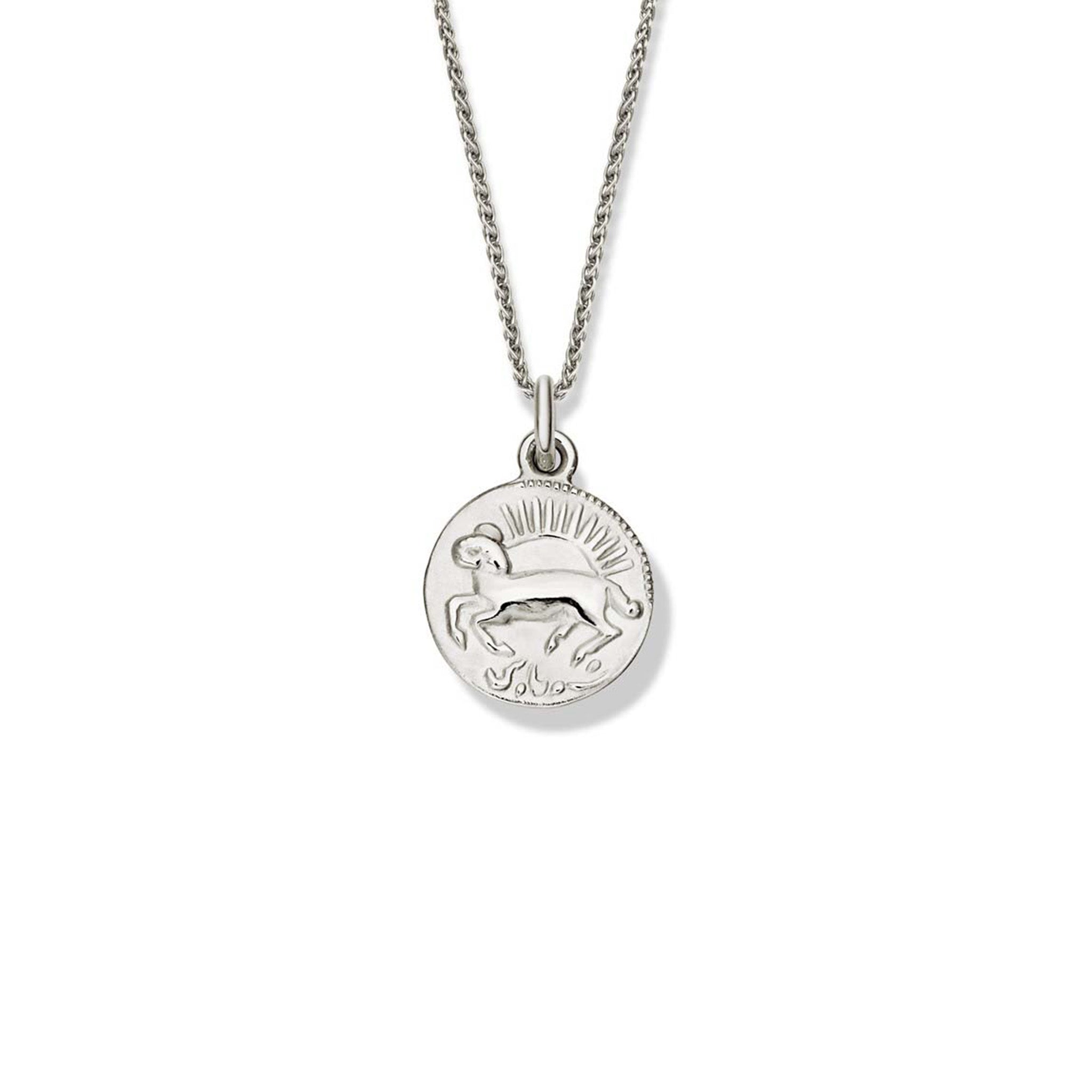 Handcrafted round sterling silver pendant engraved with the zodiac Aries.