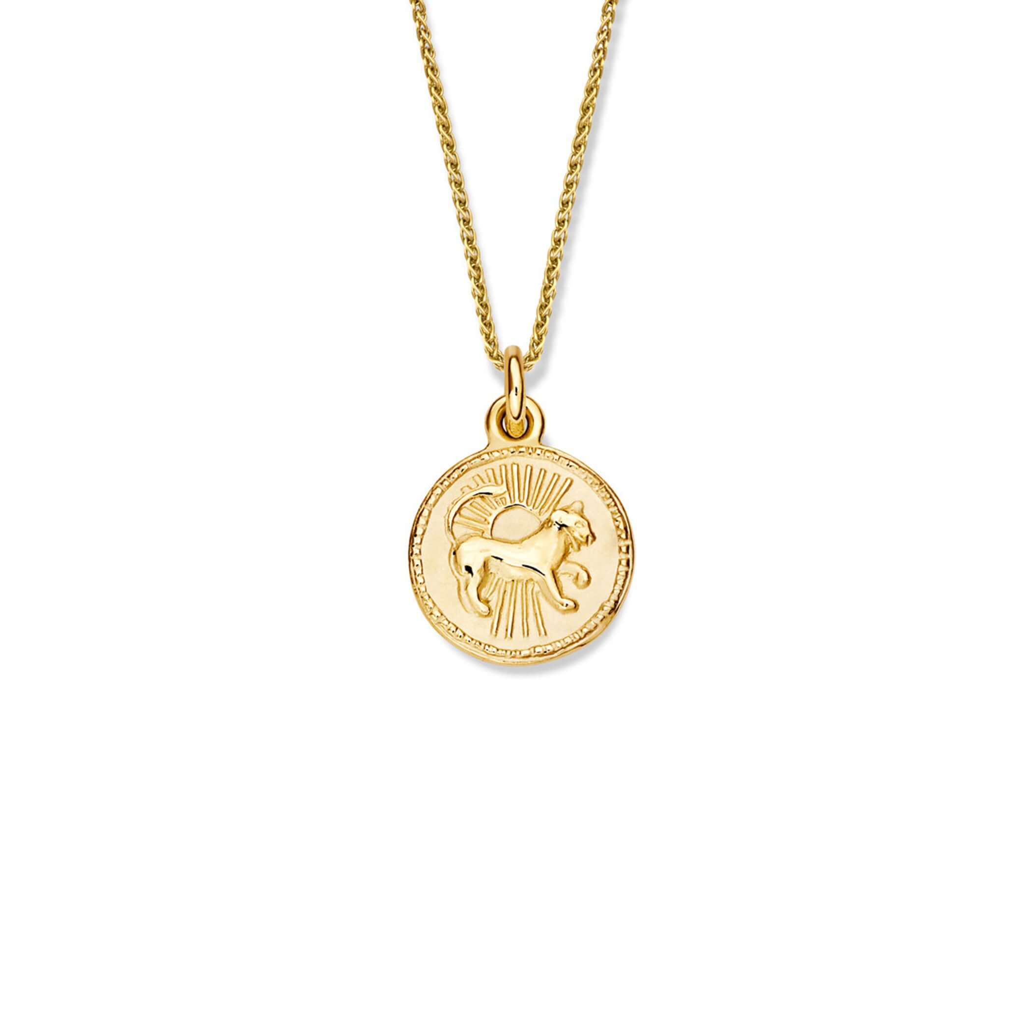 Handcrafted round yellow gold necklace pendant engraved with the zodiac leo.