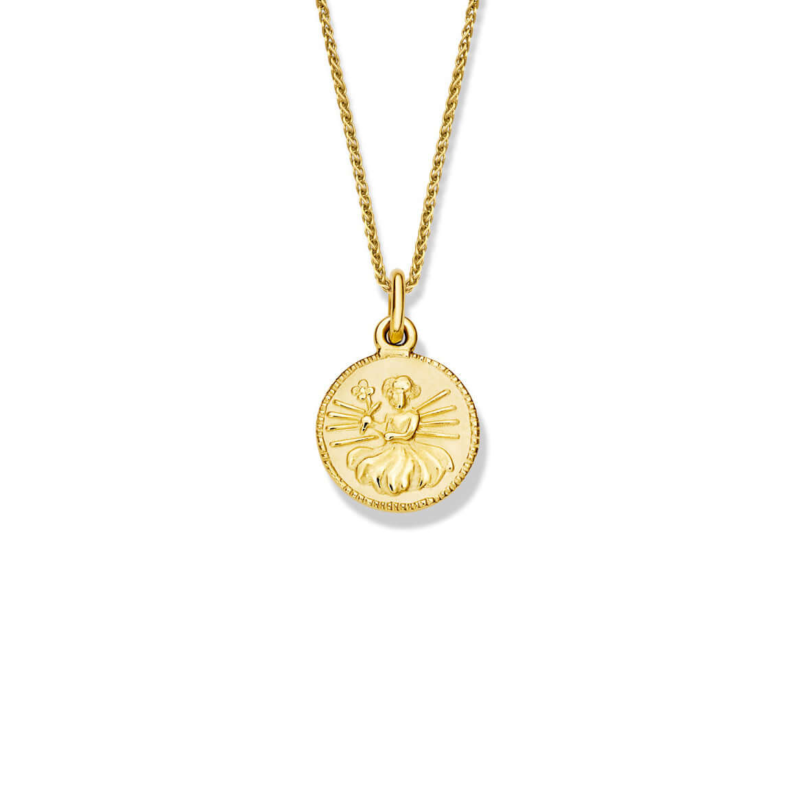 Handcrafted round yellow gold necklace pendant engraved with the zodiac virgo.