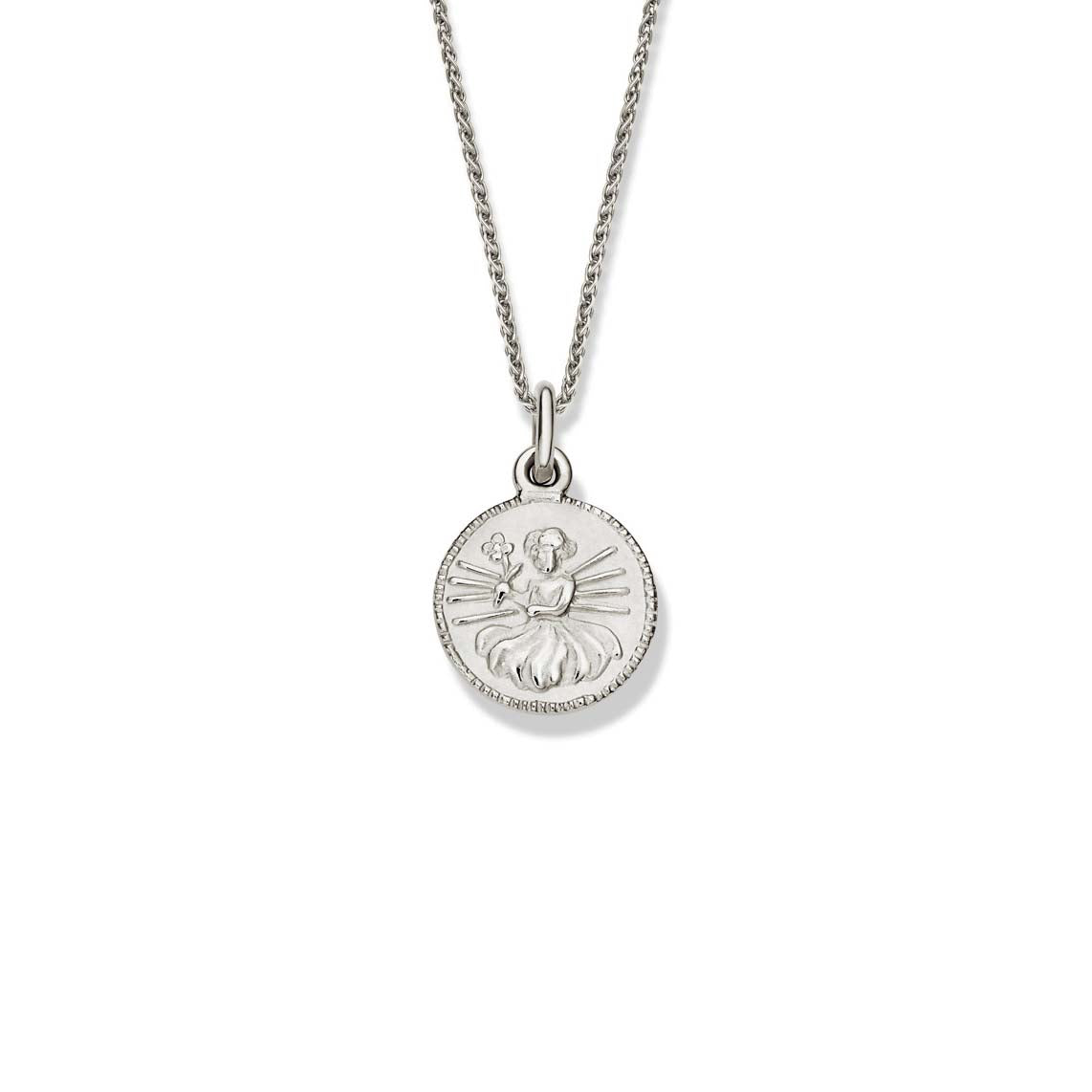 Handcrafted round sterling silver necklace pendant engraved with the zodiac virgo.