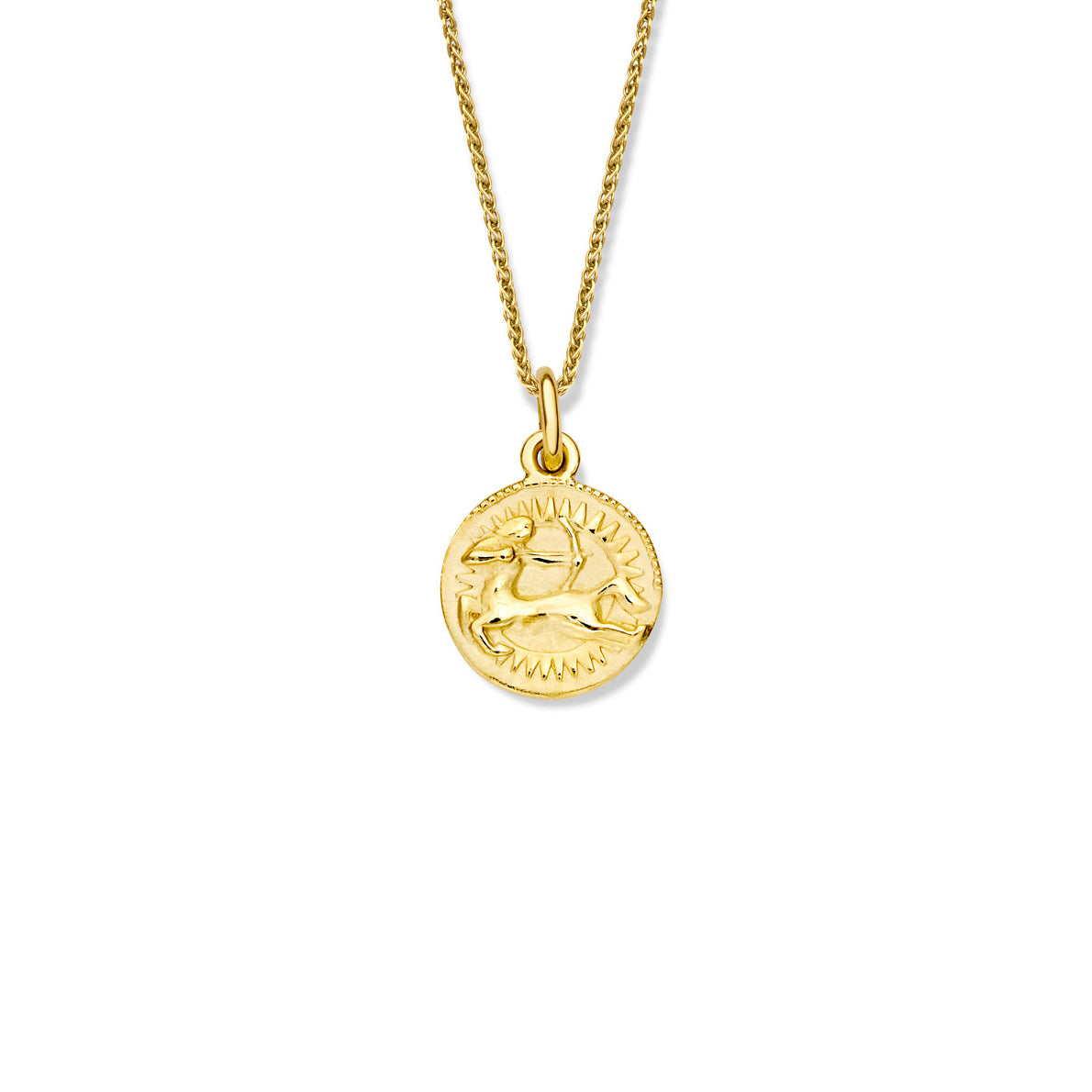 Handcrafted round yellow gold necklace pendant engraved with the zodiac sagittarius.