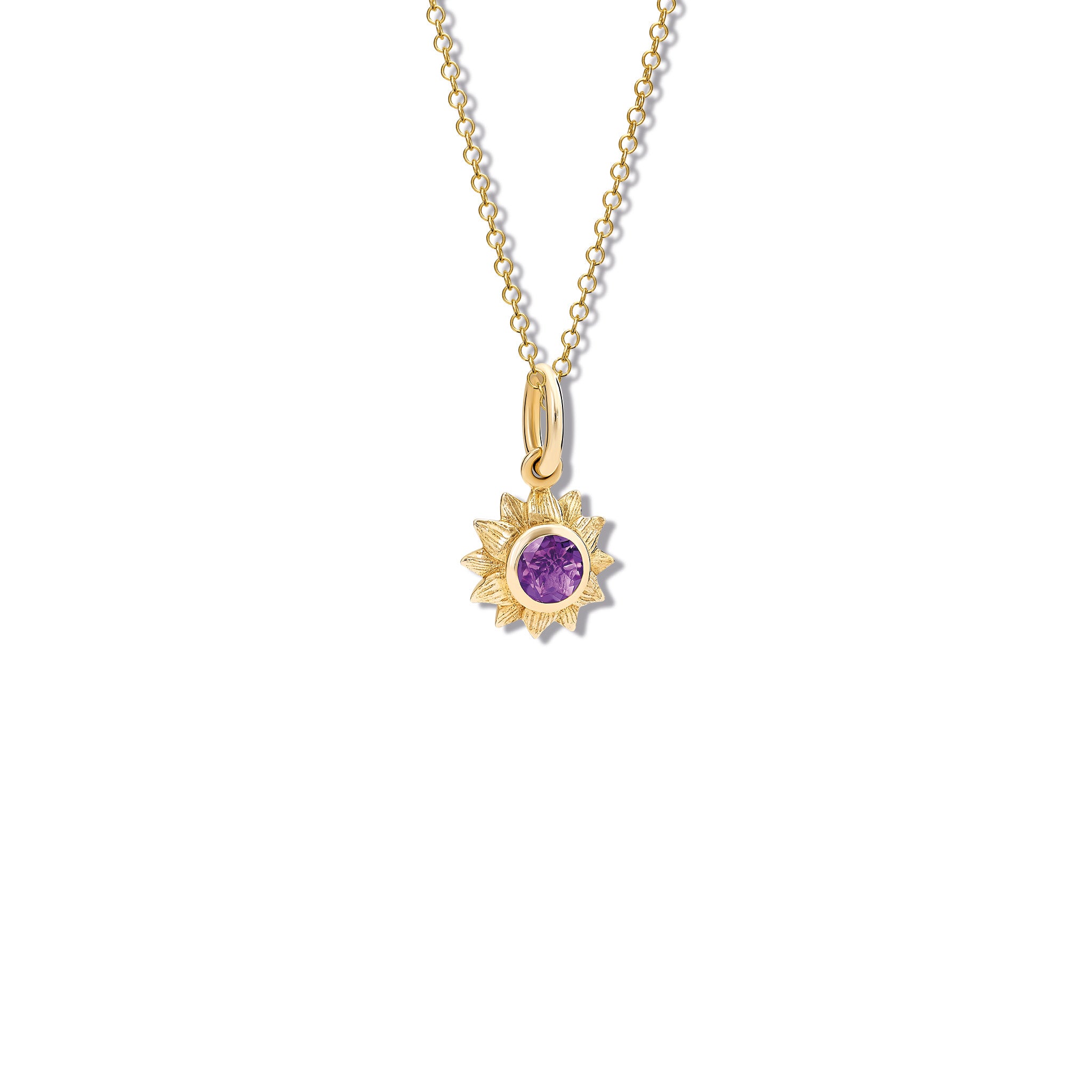 Handcrafted yellow gold sunflower necklace pendant featuring a central amethyst, birthstone of February.