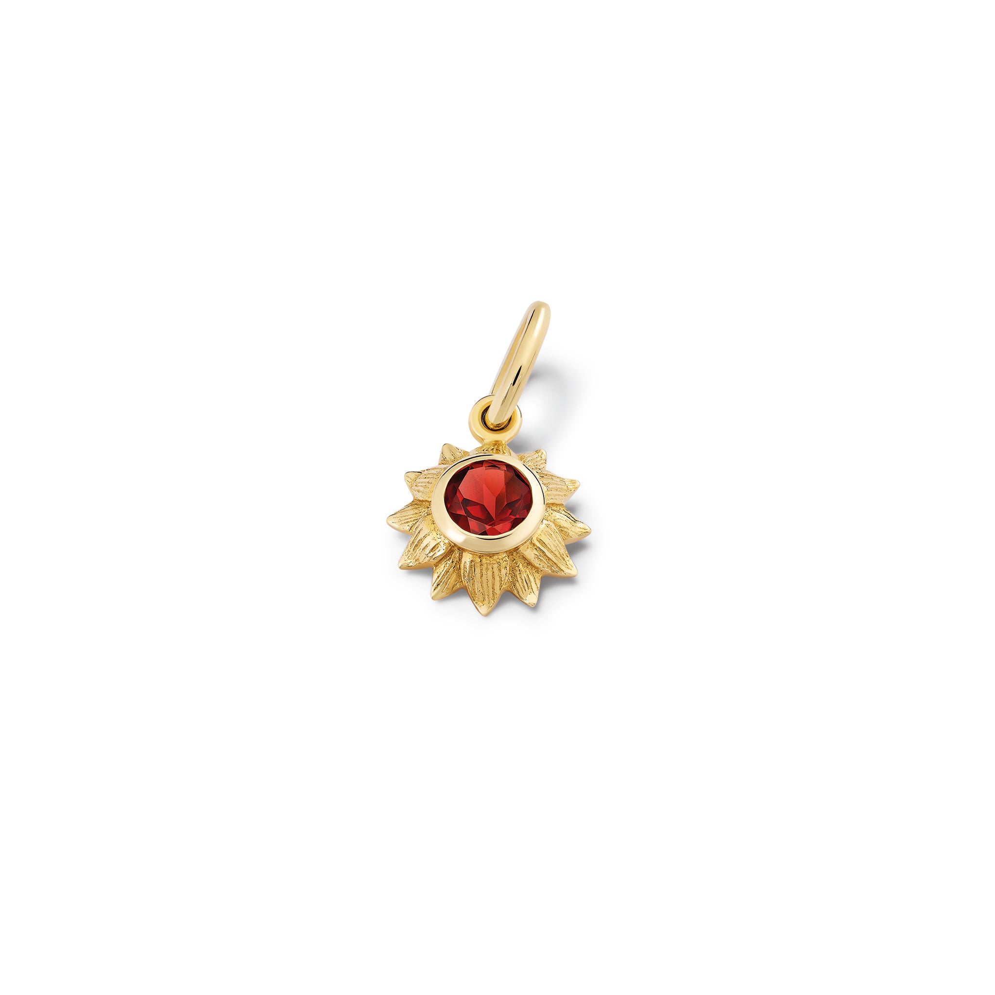 Handcrafted yellow gold sunflower necklace pendant featuring a central garnet, birthstone of January.