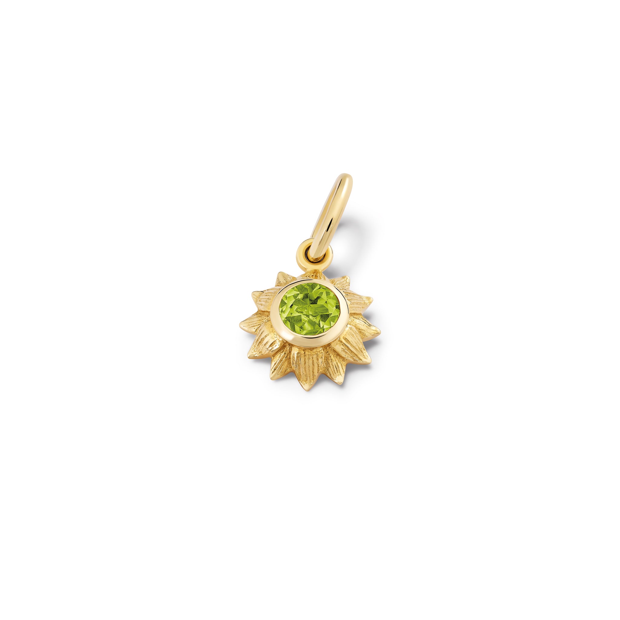 Handcrafted yellow gold sunflower necklace pendant featuring a central peridot, birthstone of August.