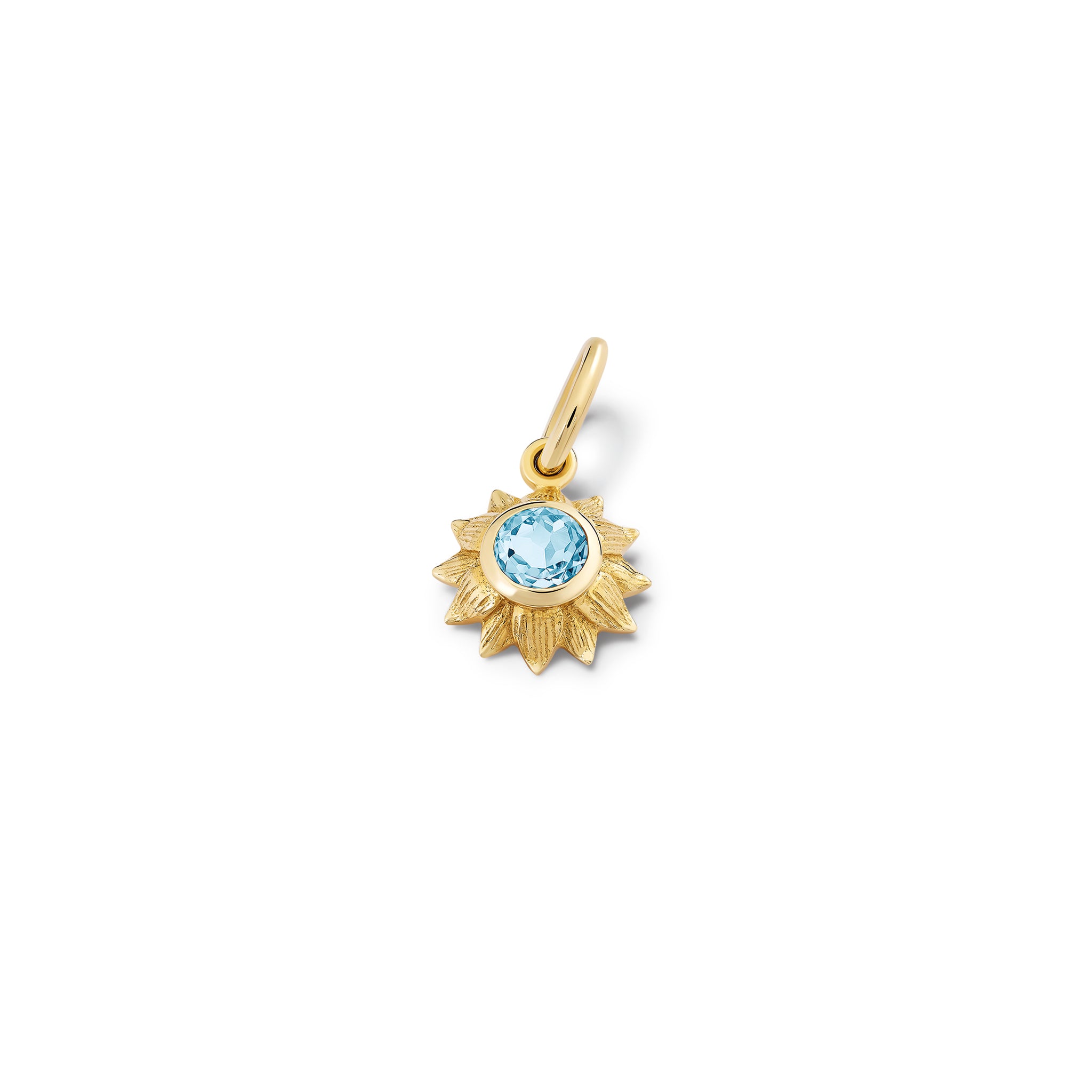 Handcrafted yellow gold sunflower necklace pendant featuring a central blue topaz, birthstone of November.