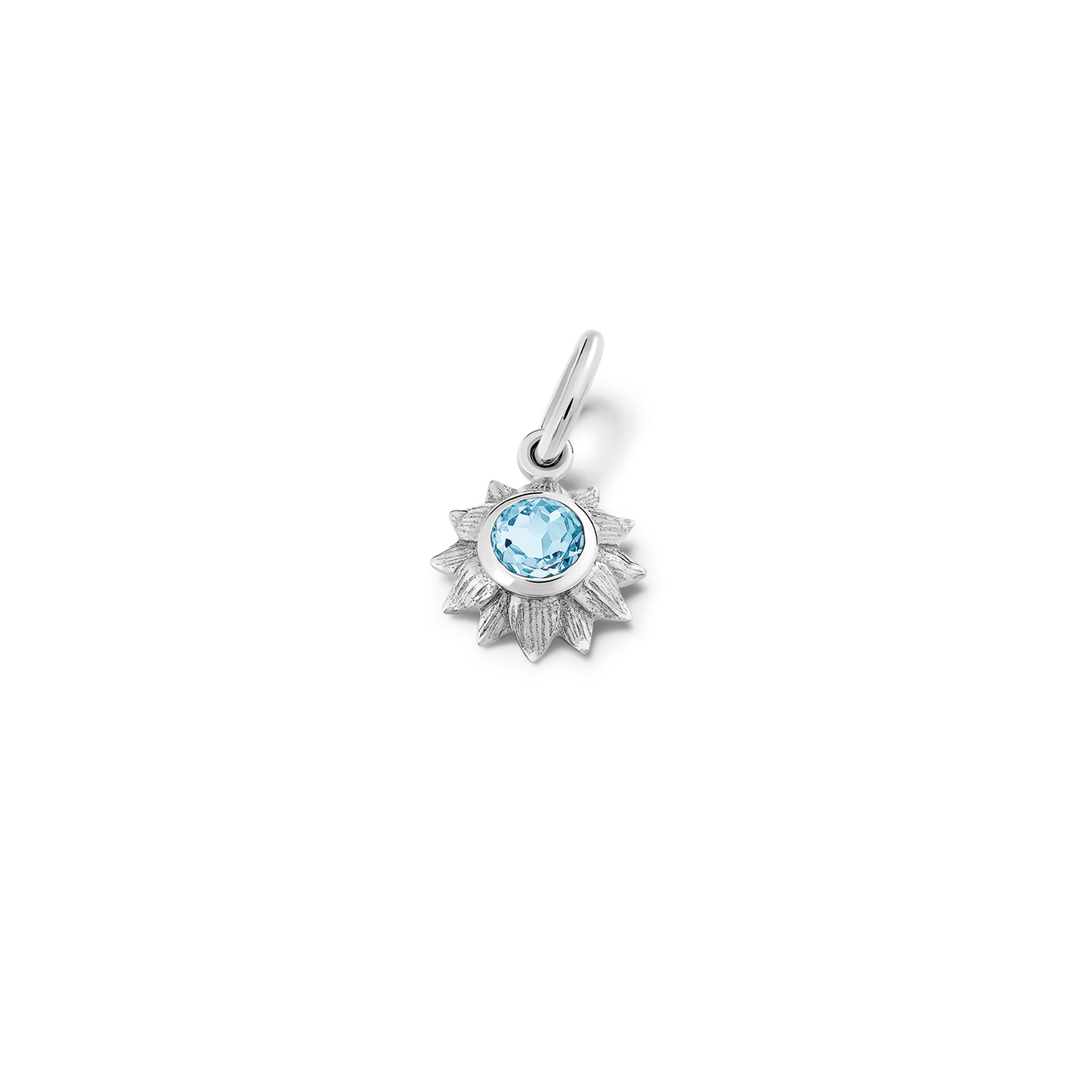 Handcrafted sterling silver sunflower necklace pendant featuring a central blue topaz, birthstone of November.