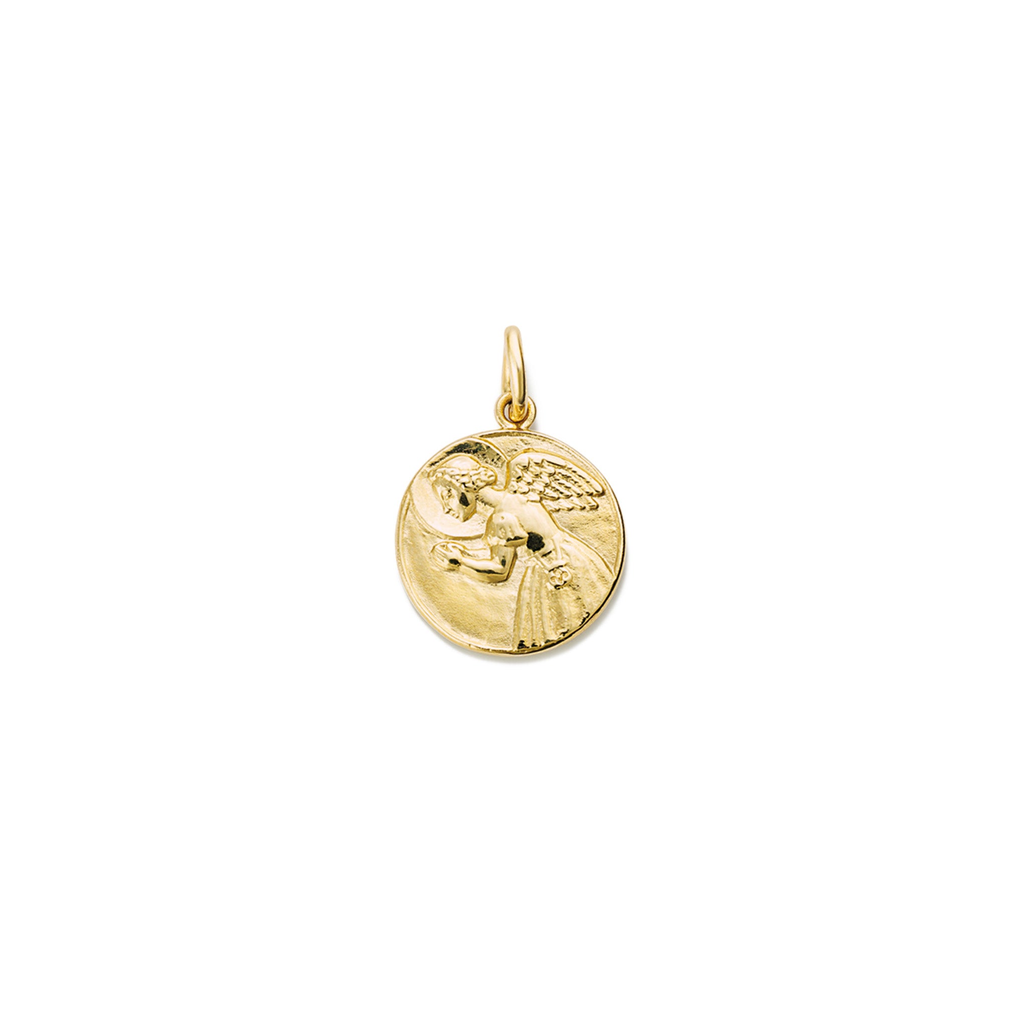 Handcrafted round yellow gold necklace pendant featuring an engraved angel with wings, with a loop at the top for chain attachment.