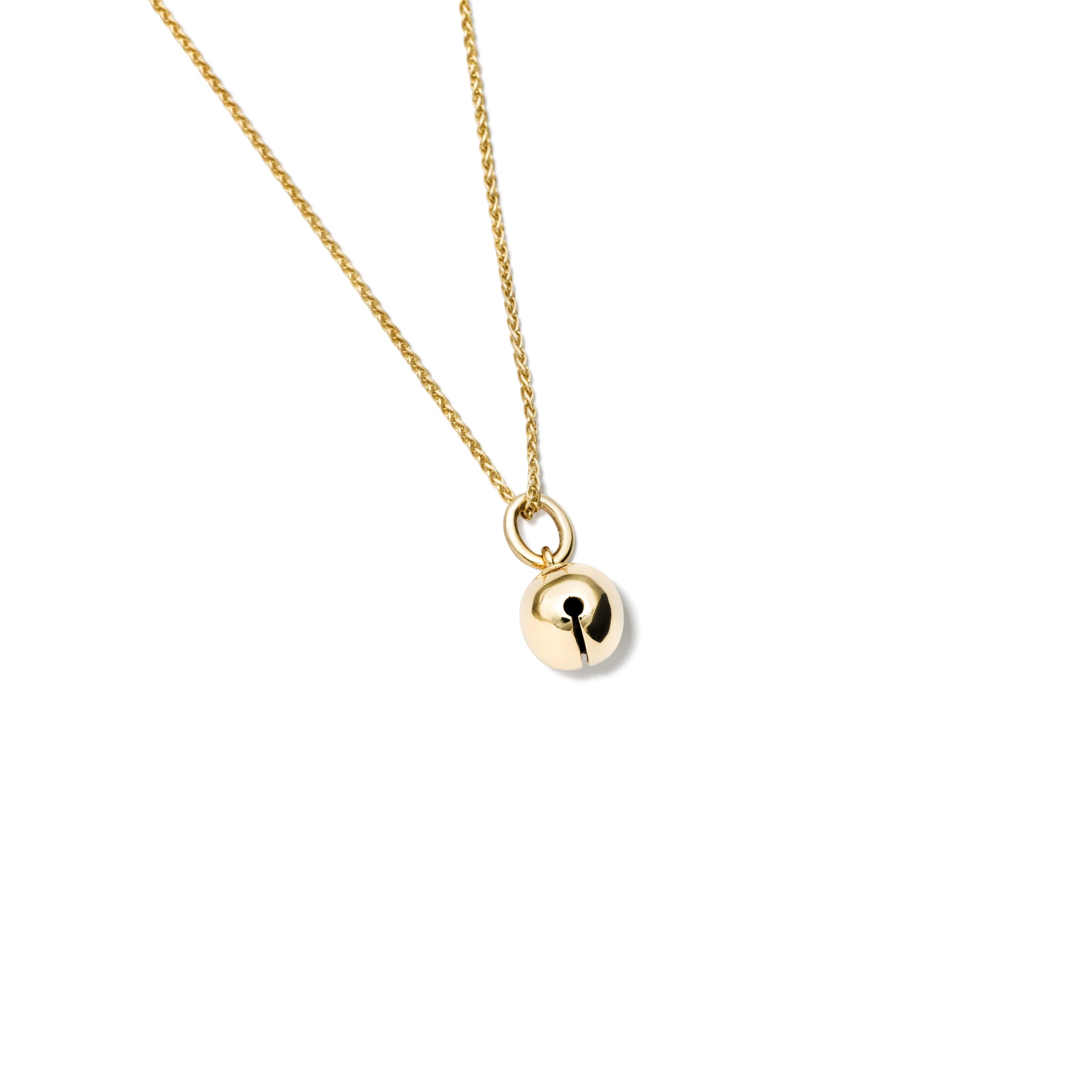 Handcrafted yellow gold necklace pendant designed in the shape of a bell.