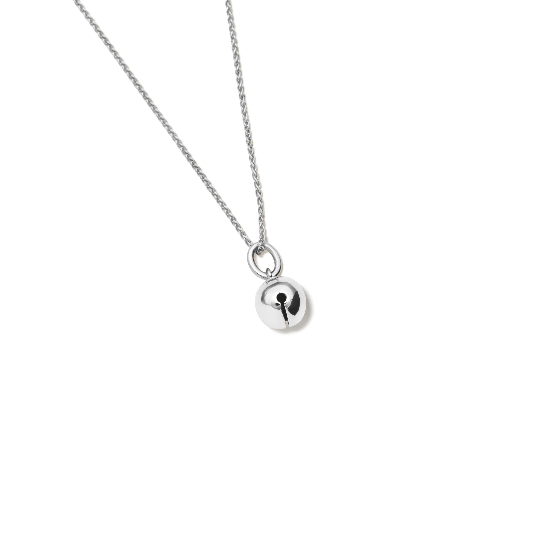 Handcrafted sterling silver necklace pendant designed in the shape of a bell.