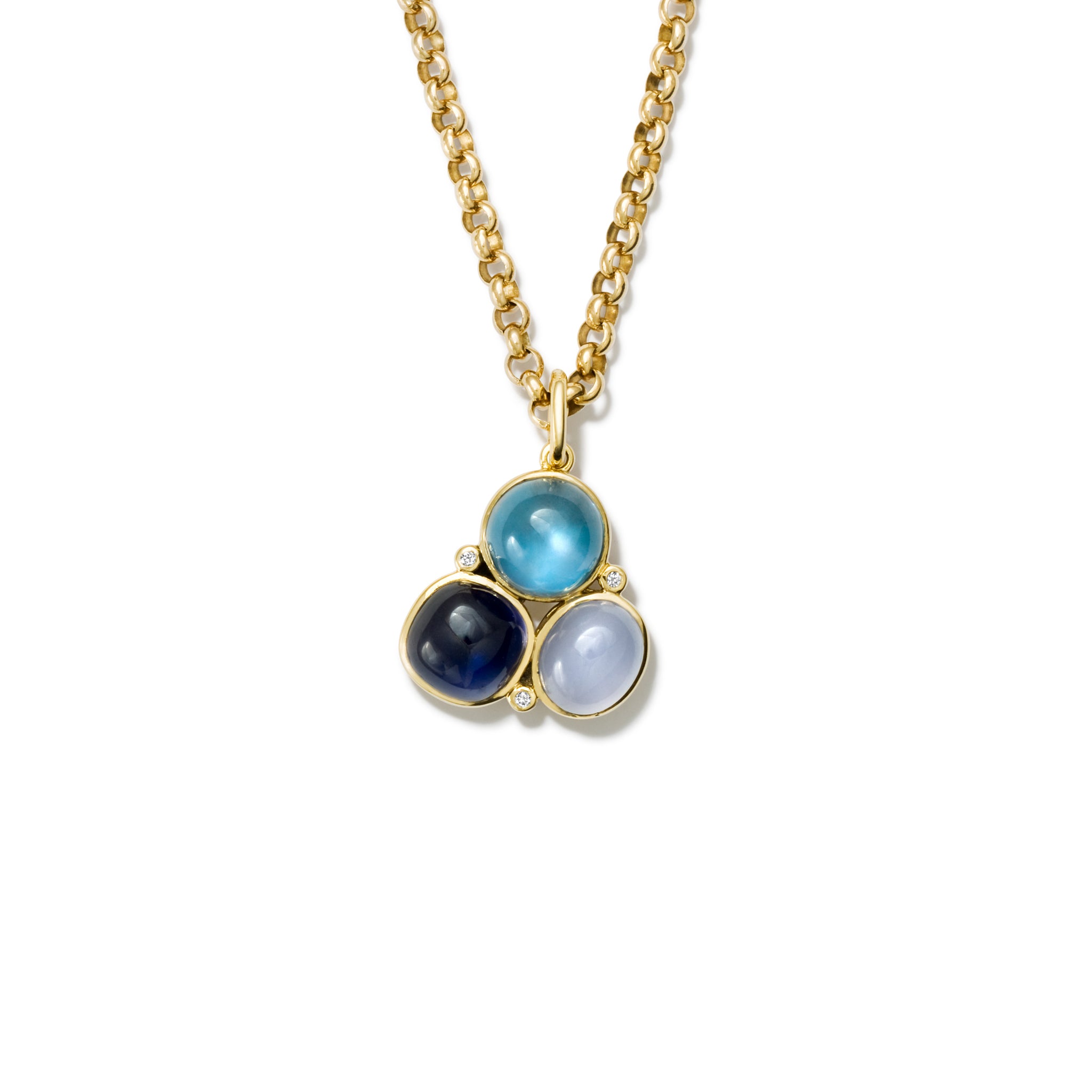 Handcrafted 18ct yellow gold triangular necklace pendant with cabochon chalcedony, iolite, blue topaz and diamond gemstones.