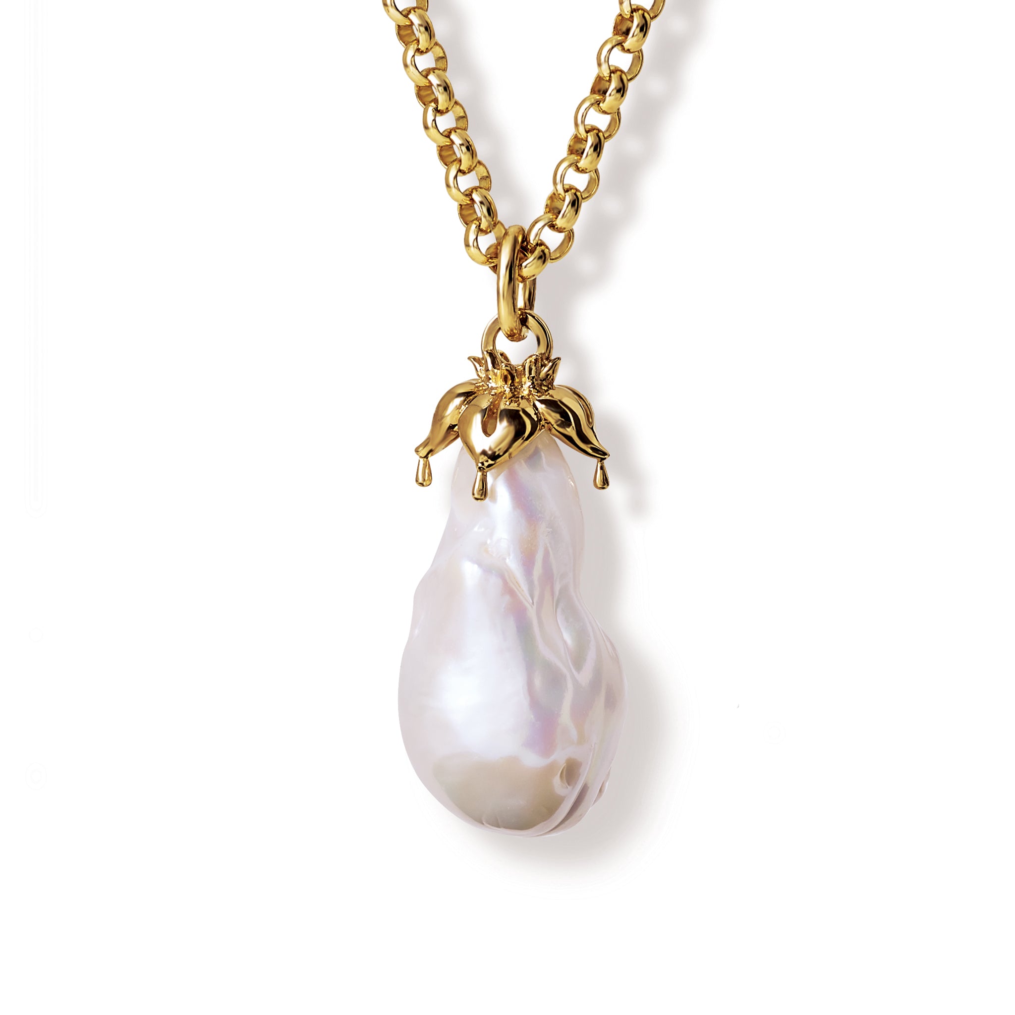 Hancrafted yellow gold necklace pendant with a baroque pearl, birthstone of June.