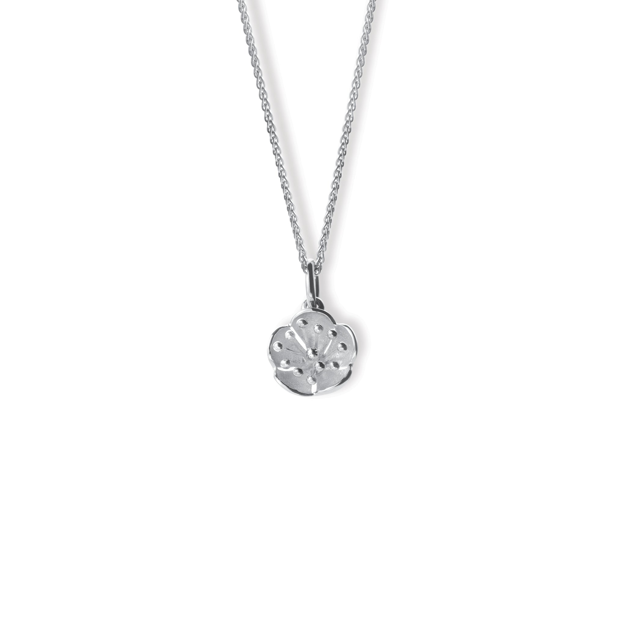 Handcrafted sterling silver necklace pendant featuring a plum blossom shape.