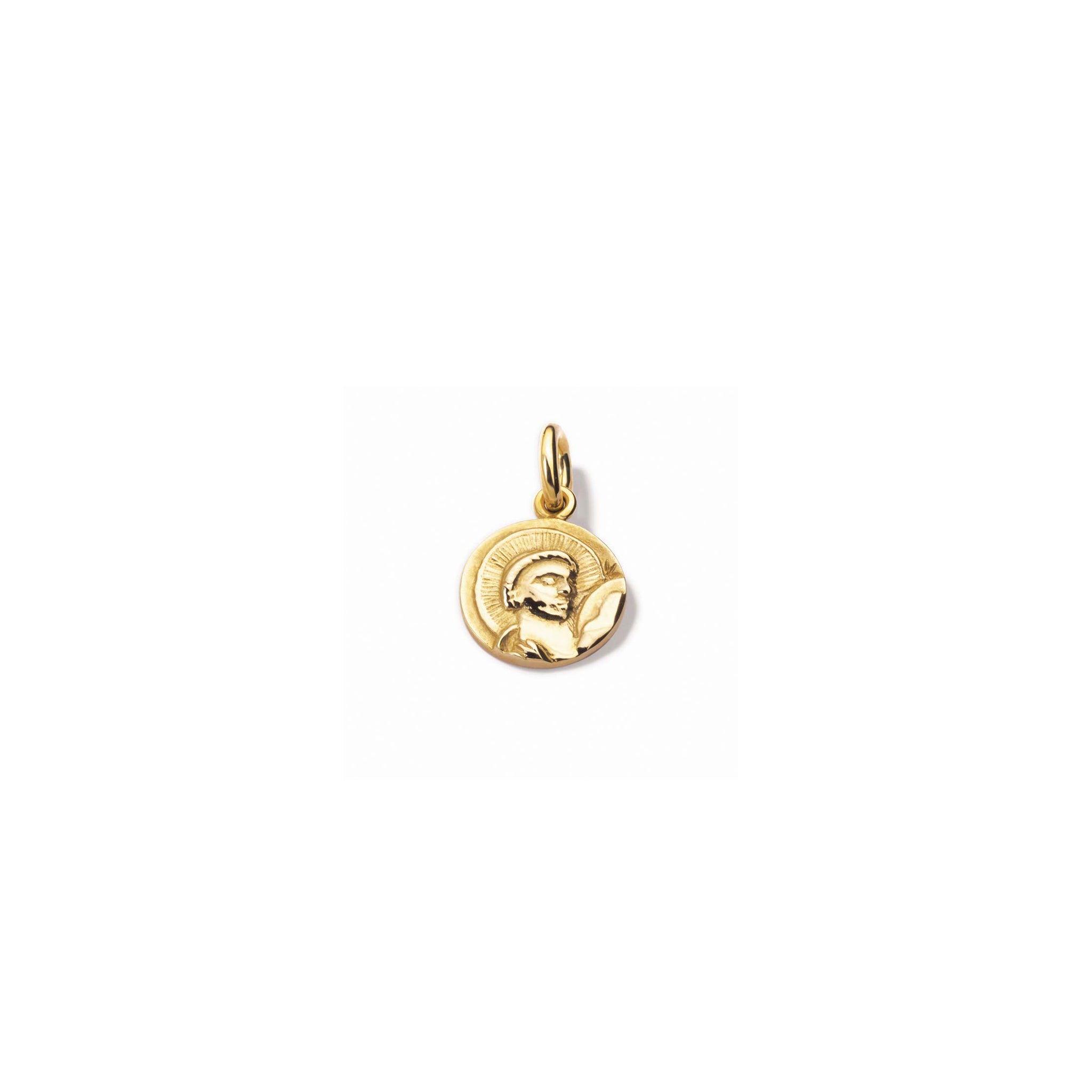 Handcrafted round yellow gold necklace pendant featuring an engraving of Saint Anthony, with a loop for chain attachment.