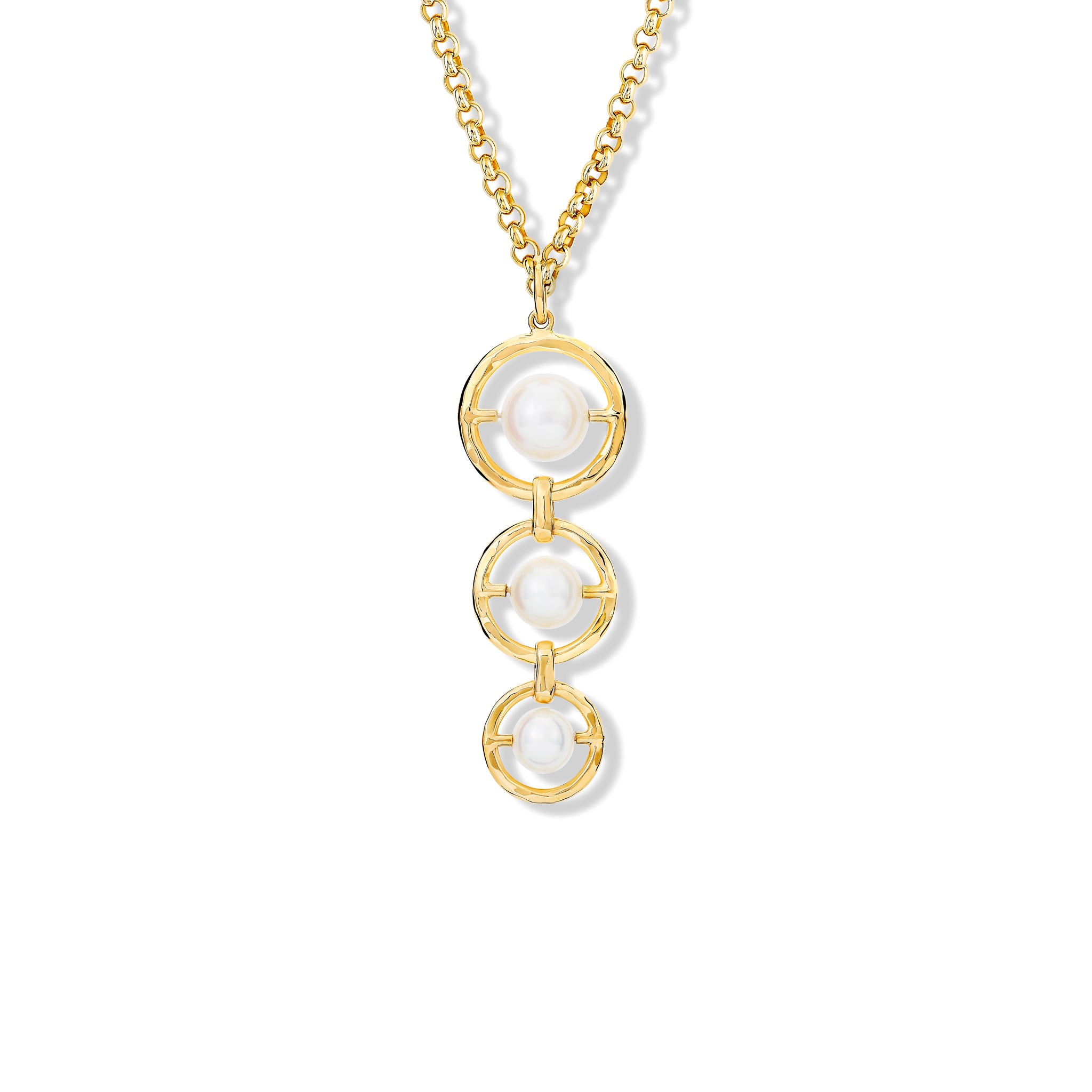 Handcrafted yellow gold necklace pendant with three vertically aligned circular frames, each encircling a  pearl.