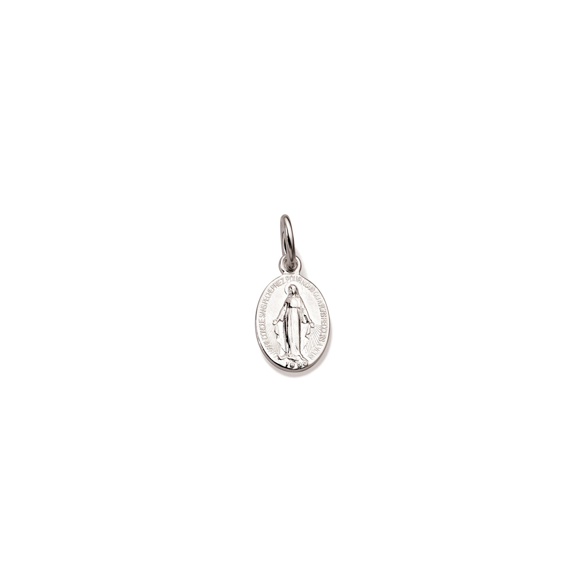 Handcrafted round sterling silver necklace pendant featuring an engraving of Saint Marie Miraculeuse, with a loop at the top for chain attachment.