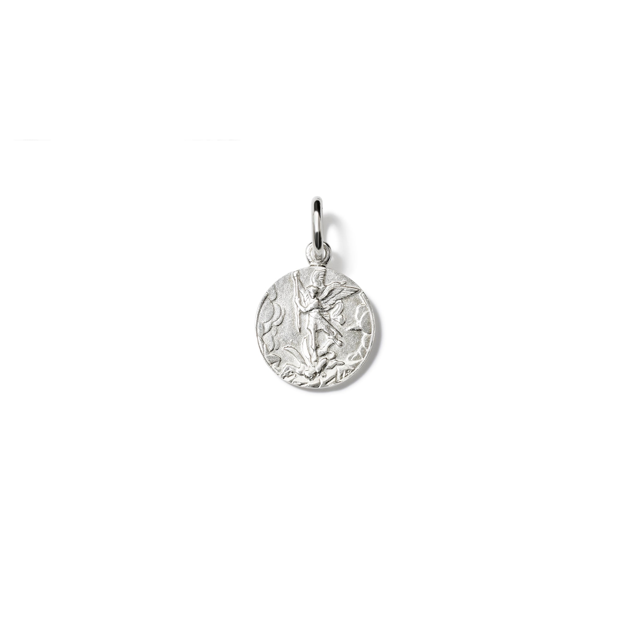 Handcrafted round sterling silver necklace pendant featuring an engraving of Saint Michael, with a loop at the top for chain attachment.