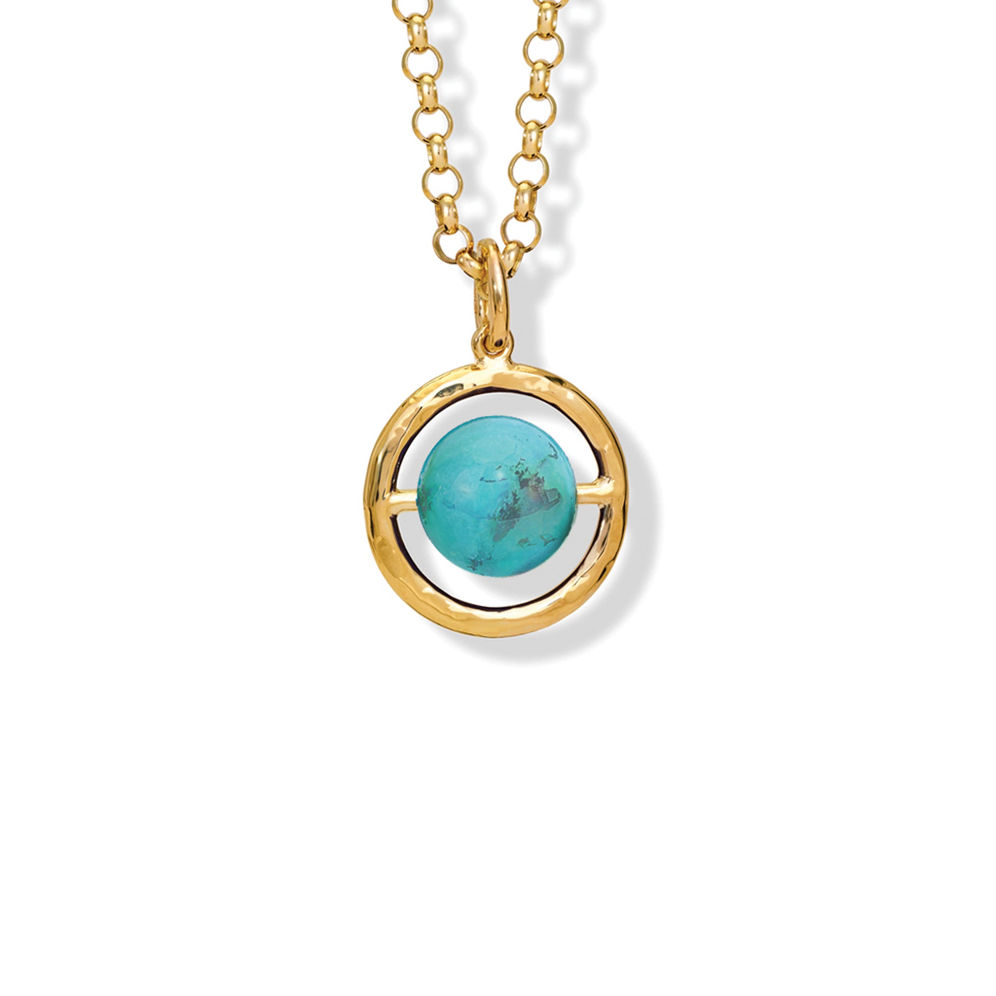 Handcrafted yellow gold necklace pendant featuring a circular frame that encircles a turquoise bead, birthstone of December.