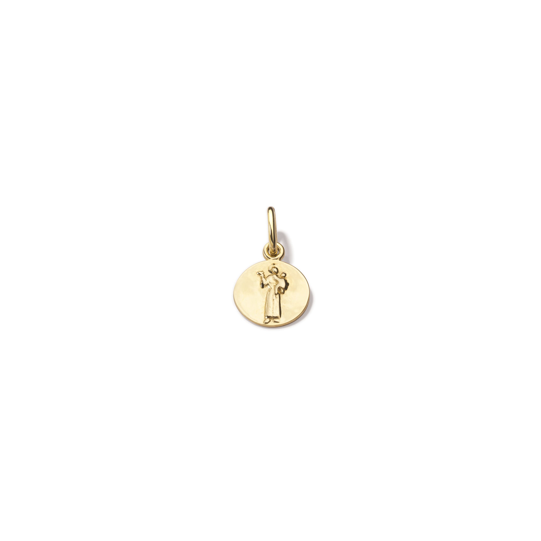 Handcrafted round yellow gold necklace pendant featuring an engraving of Saint Francis, with a loop at the top for chain attachment.