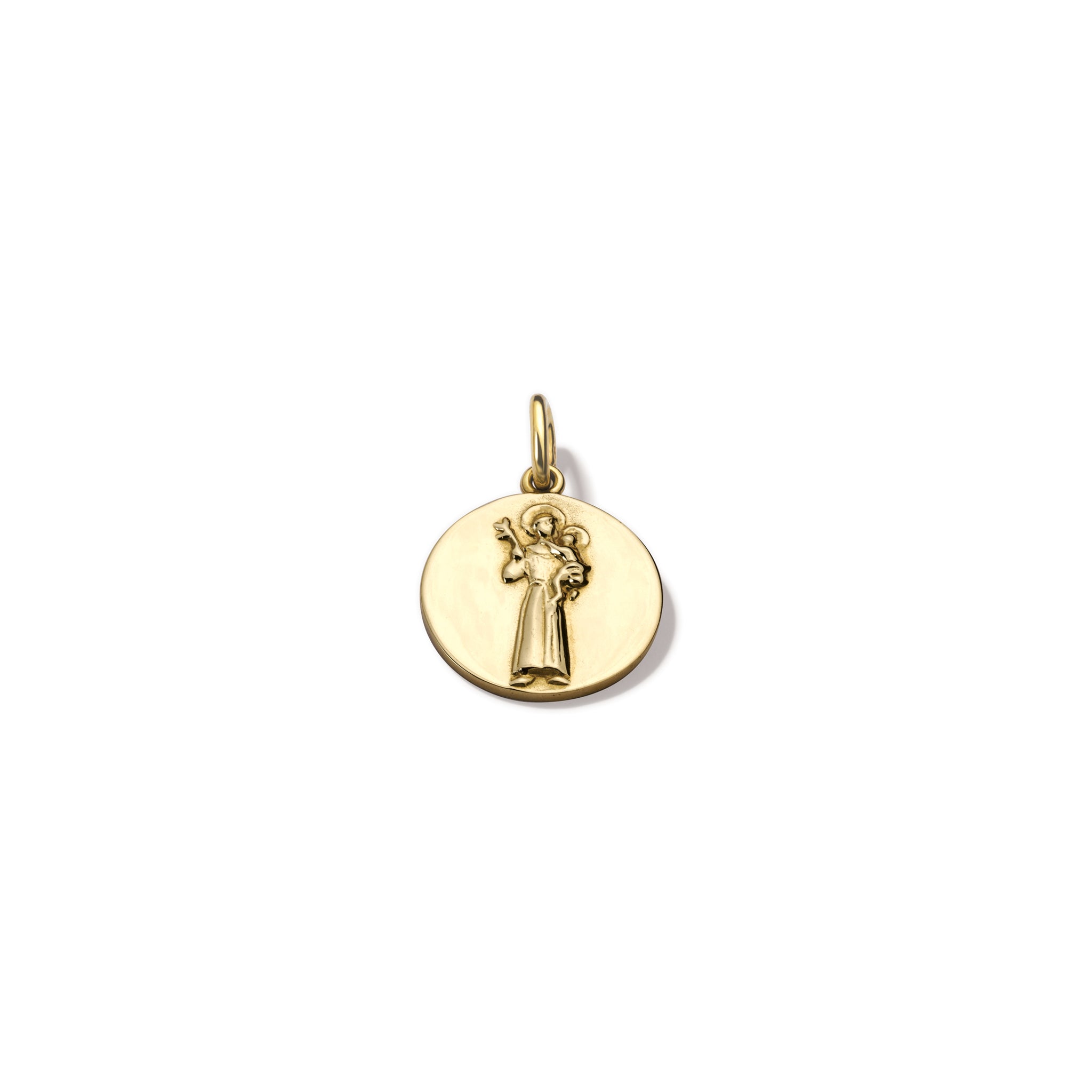 Handcrafted round yellow gold necklace pendant featuring an engraving of Saint Francis, with a loop at the top for chain attachment.